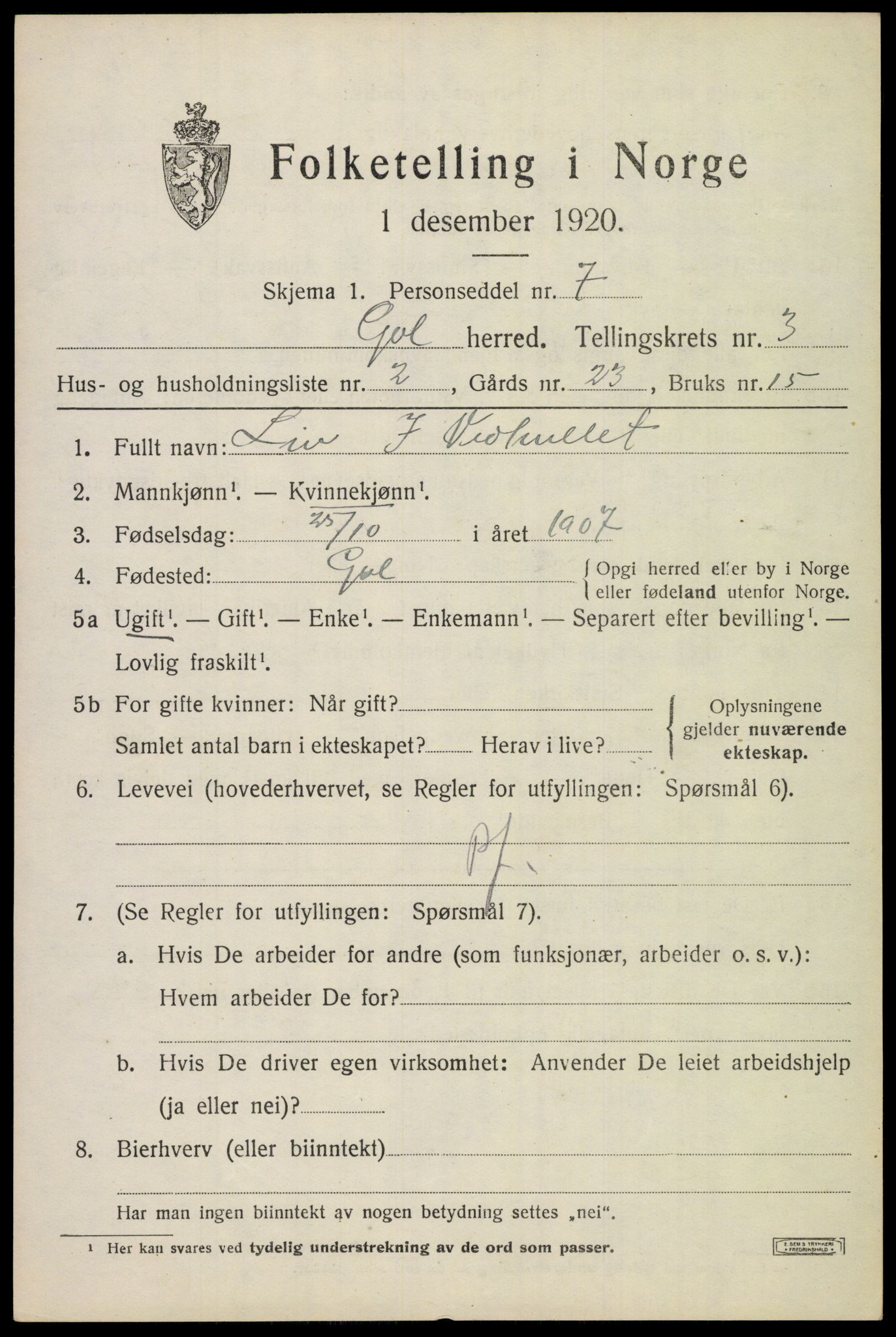 SAKO, Folketelling 1920 for 0617 Gol herred, 1920, s. 2202