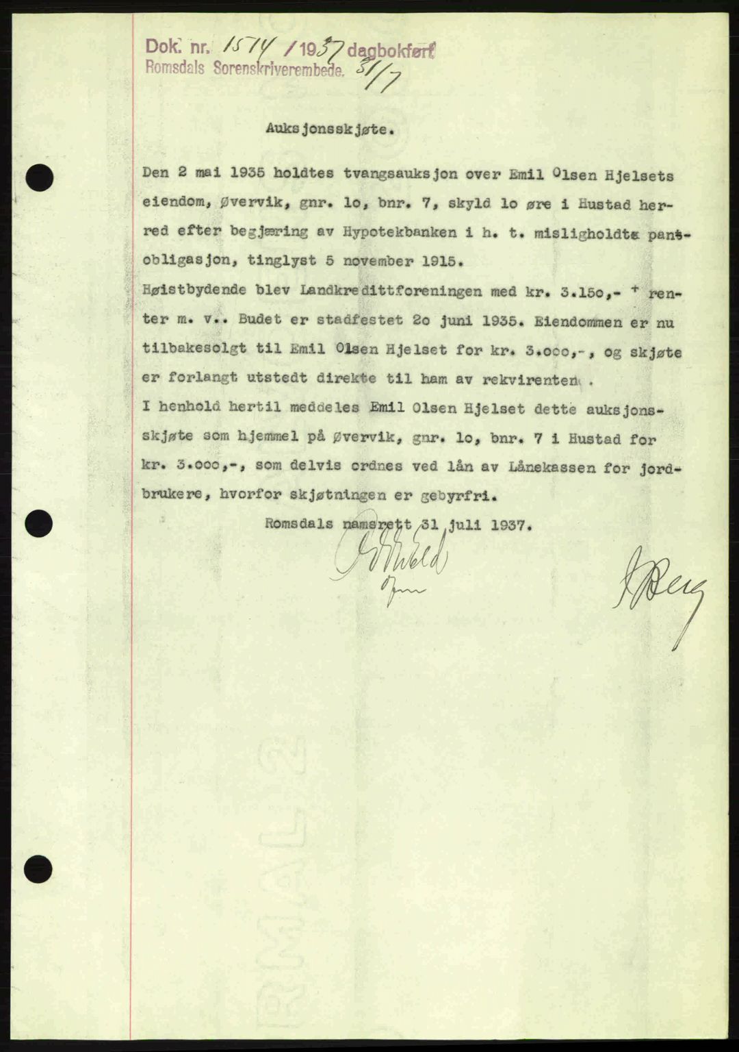 Romsdal sorenskriveri, SAT/A-4149/1/2/2C: Pantebok nr. A3, 1937-1937, Dagboknr: 1514/1937