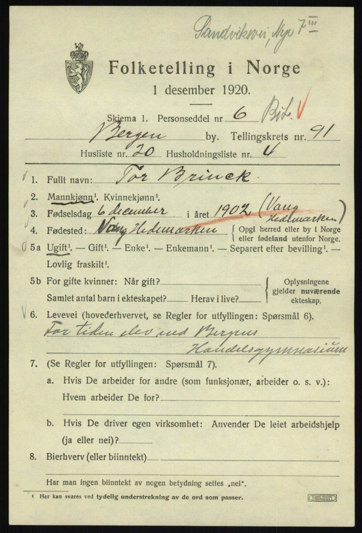 SAB, Folketelling 1920 for 1301 Bergen kjøpstad, 1920, s. 164884
