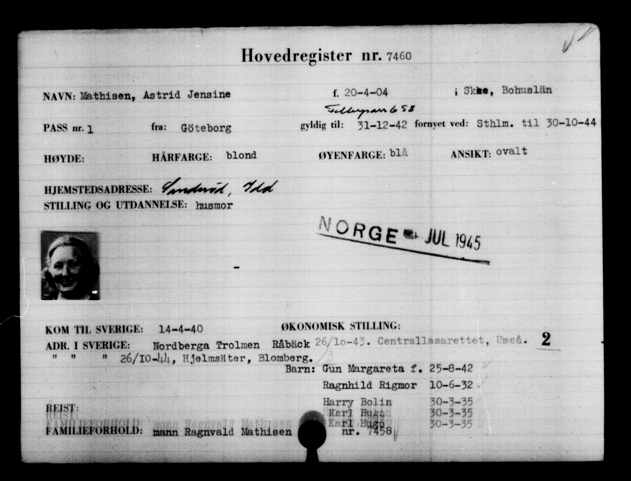 Utenriksstasjonene, Legasjonen i Stockholm, Flyktningkontoret, AV/RA-S-6753/V/Va/L0005: Kjesäterkartoteket, flyktninger med registreringsnr. 6600-9417, 1940-1945, s. 1003