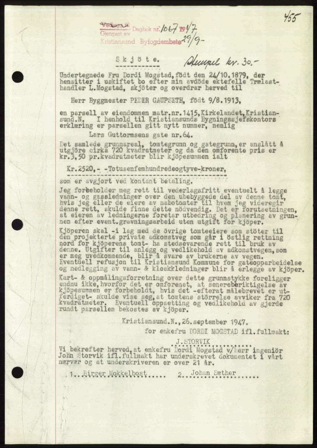 Kristiansund byfogd, AV/SAT-A-4587/A/27: Pantebok nr. 39b, 1946-1947, Dagboknr: 1067/1947