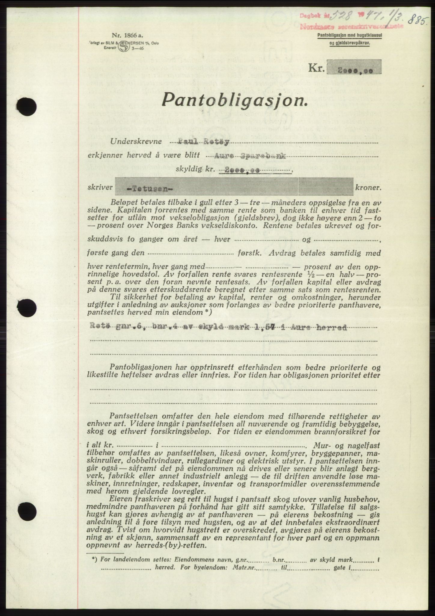 Nordmøre sorenskriveri, SAT/A-4132/1/2/2Ca: Pantebok nr. B95, 1946-1947, Dagboknr: 528/1947