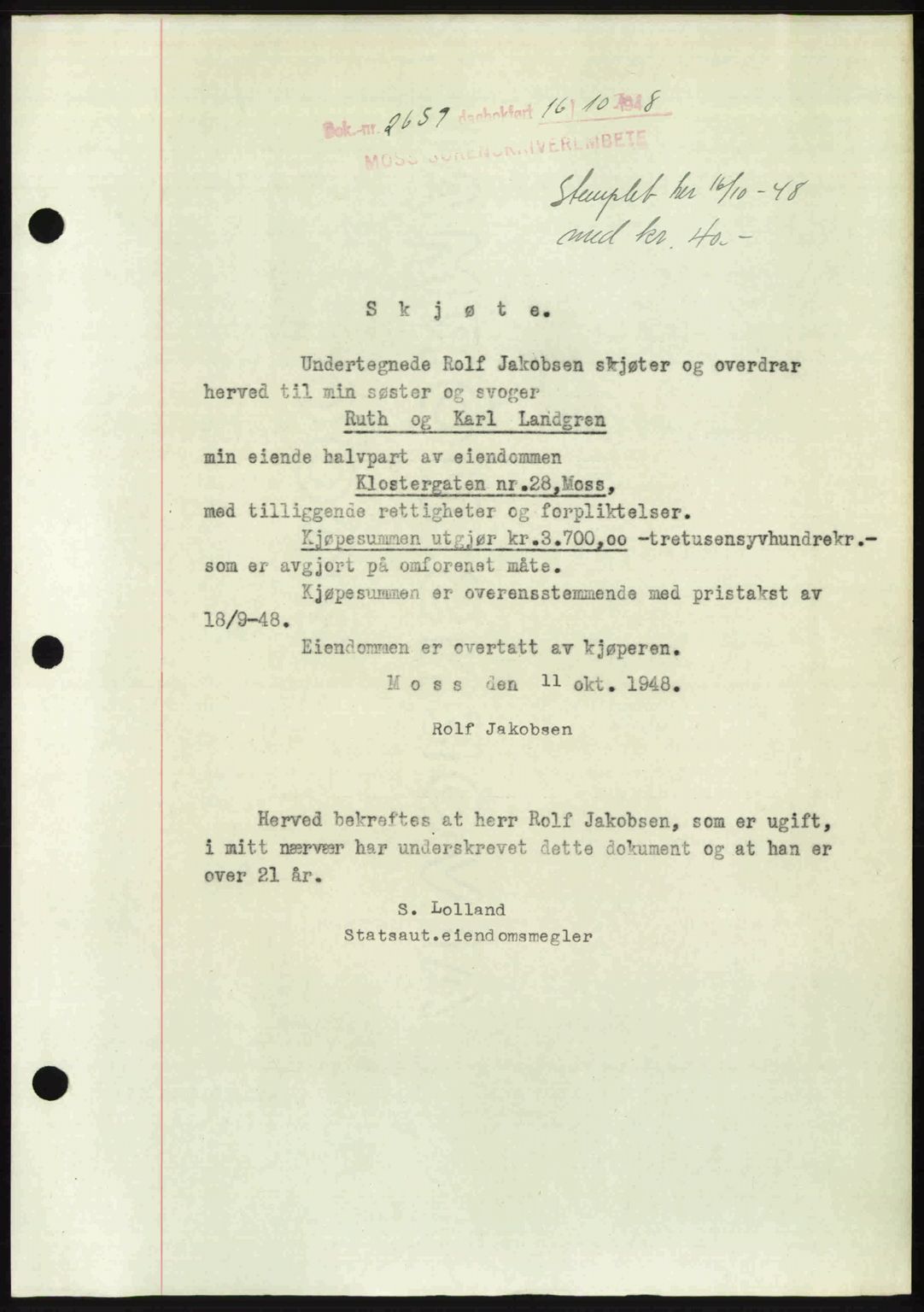 Moss sorenskriveri, SAO/A-10168: Pantebok nr. A20, 1948-1948, Dagboknr: 2659/1948