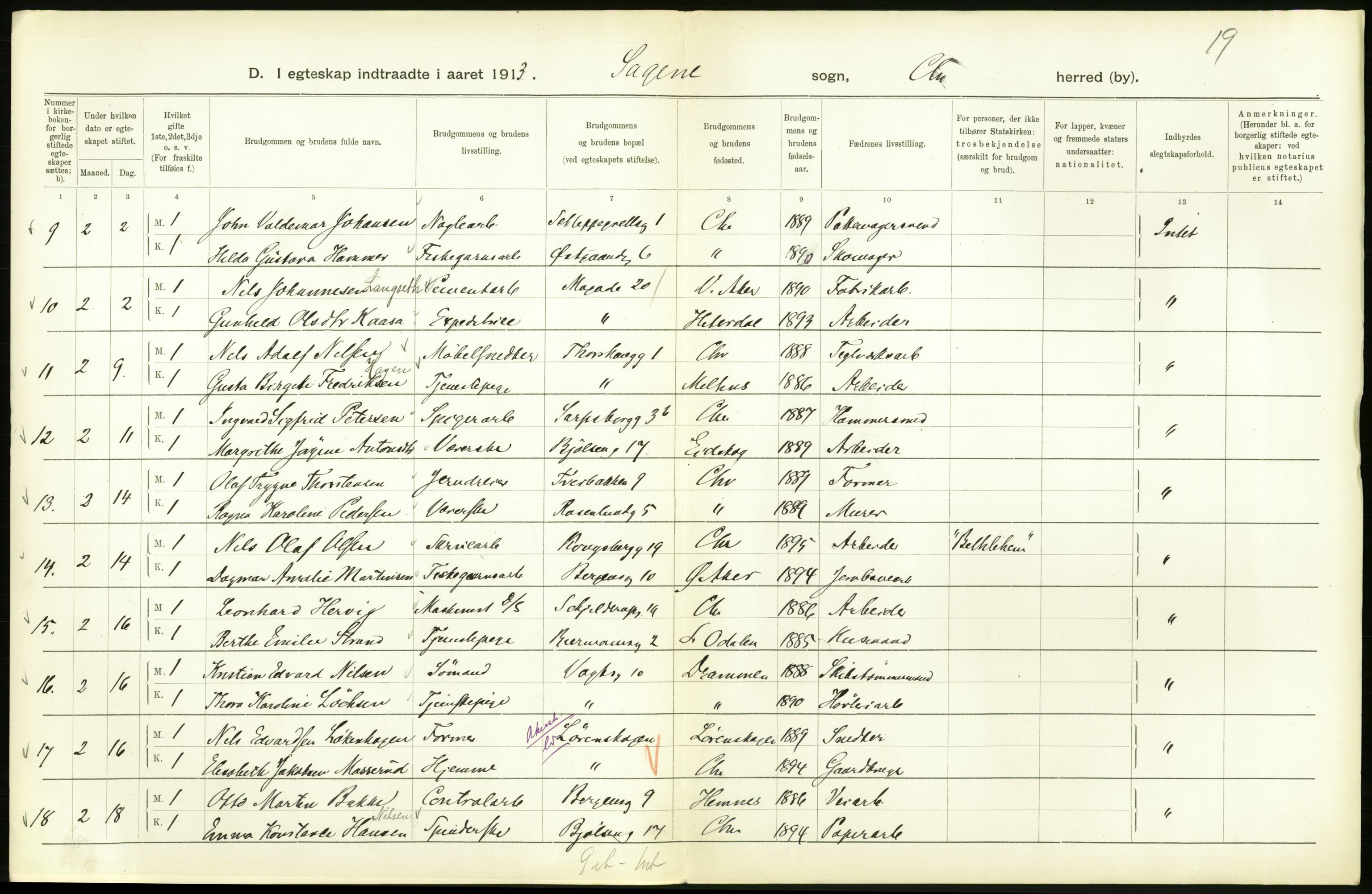 Statistisk sentralbyrå, Sosiodemografiske emner, Befolkning, AV/RA-S-2228/D/Df/Dfb/Dfbc/L0008: Kristiania: Gifte., 1913, s. 448