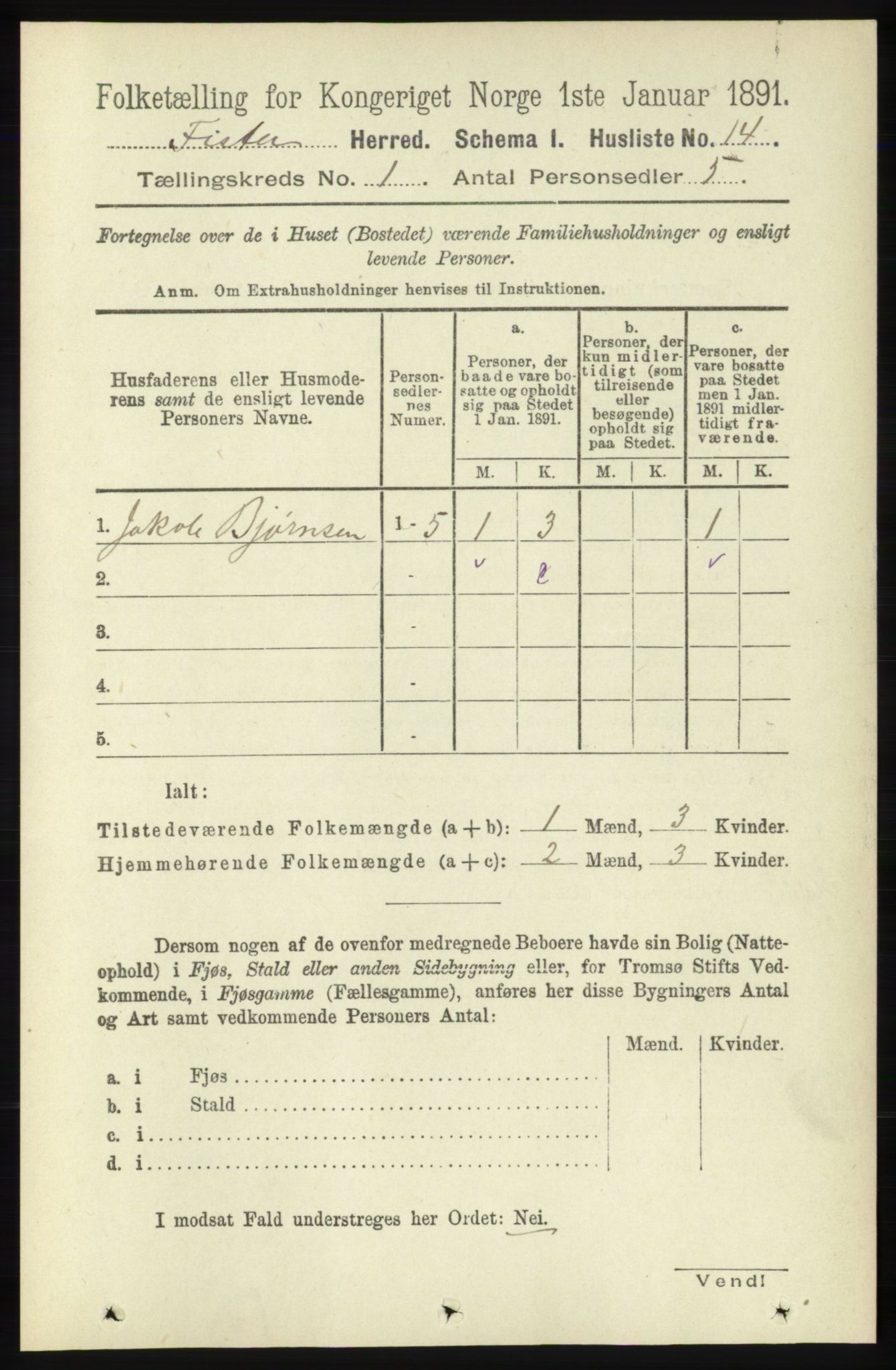 RA, Folketelling 1891 for 1132 Fister herred, 1891, s. 27