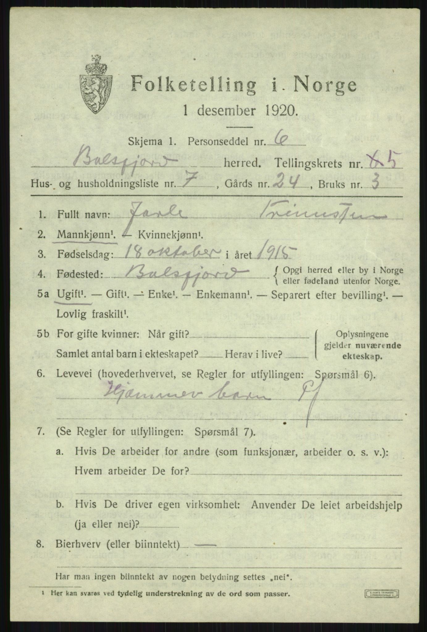 SATØ, Folketelling 1920 for 1933 Balsfjord herred, 1920, s. 3192
