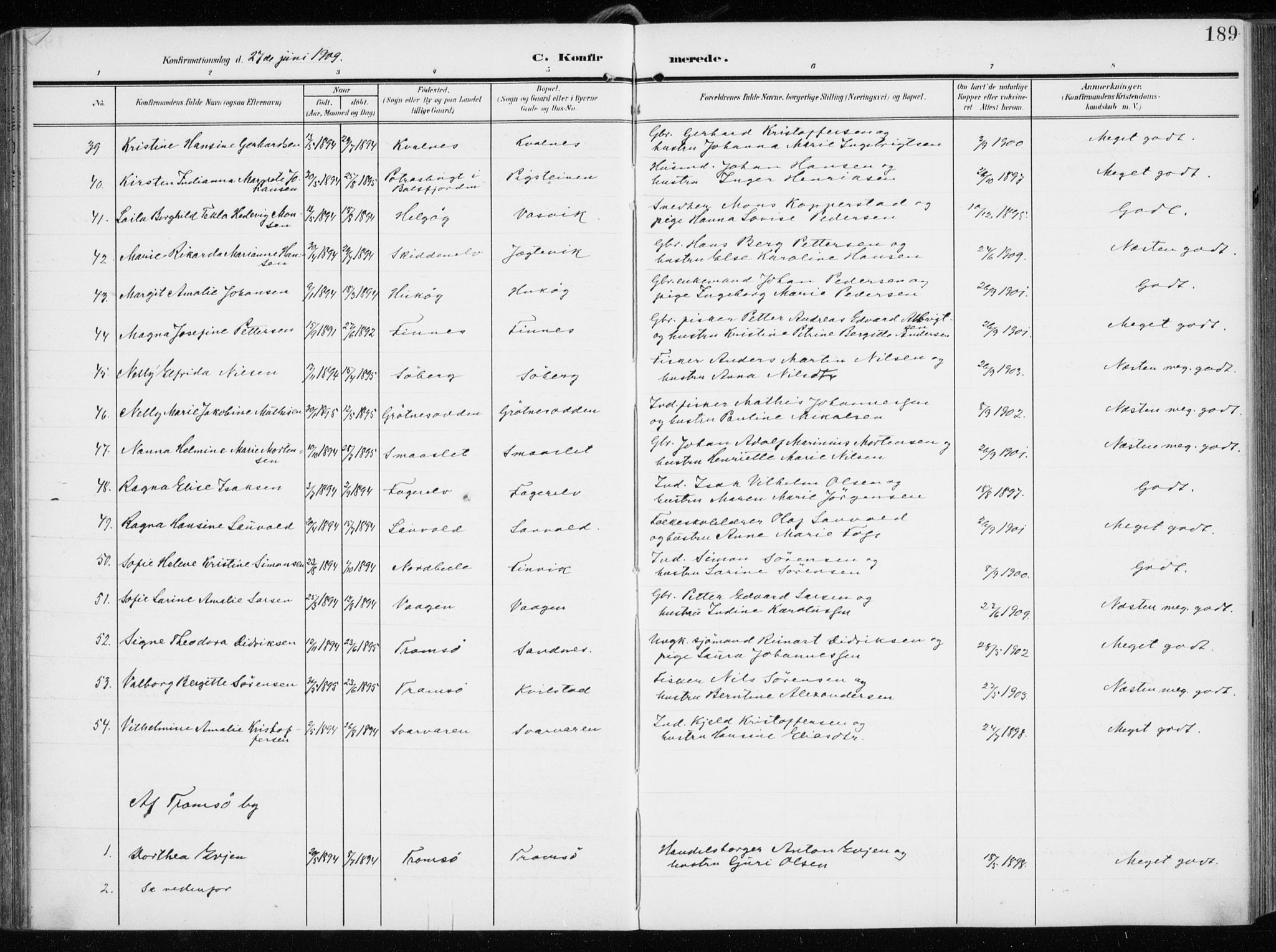 Tromsøysund sokneprestkontor, AV/SATØ-S-1304/G/Ga/L0007kirke: Ministerialbok nr. 7, 1907-1914, s. 189