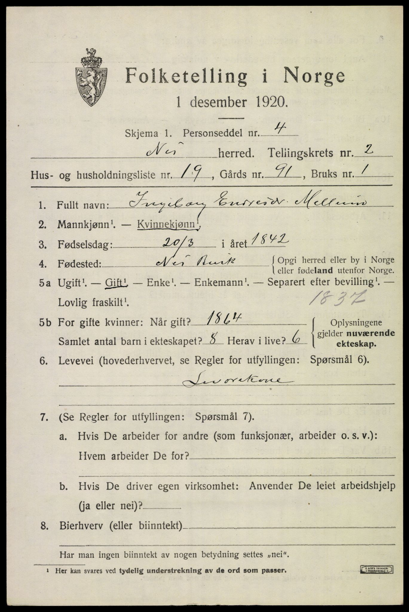 SAKO, Folketelling 1920 for 0616 Nes herred, 1920, s. 1478