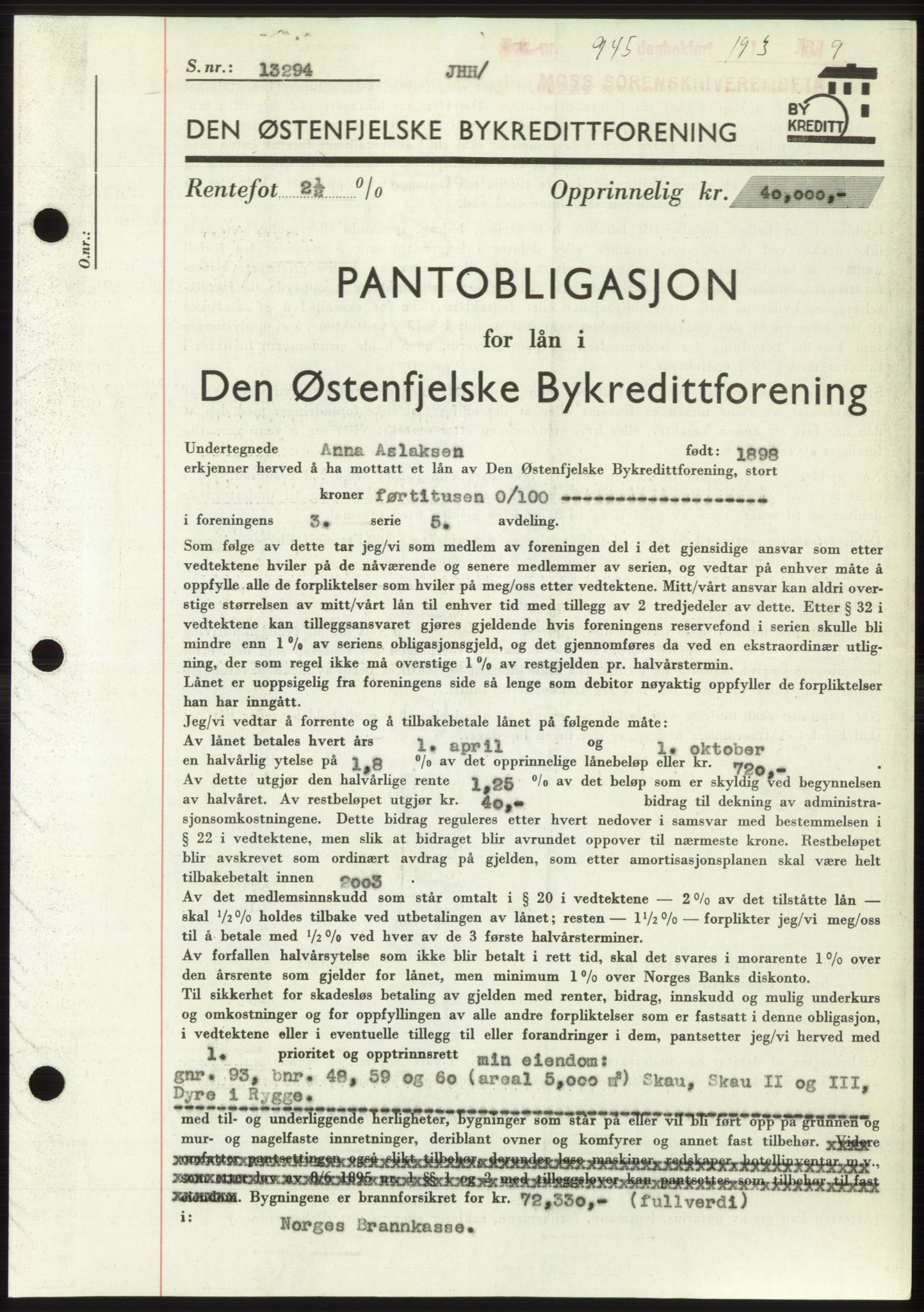 Moss sorenskriveri, SAO/A-10168: Pantebok nr. B21, 1949-1949, Dagboknr: 945/1949
