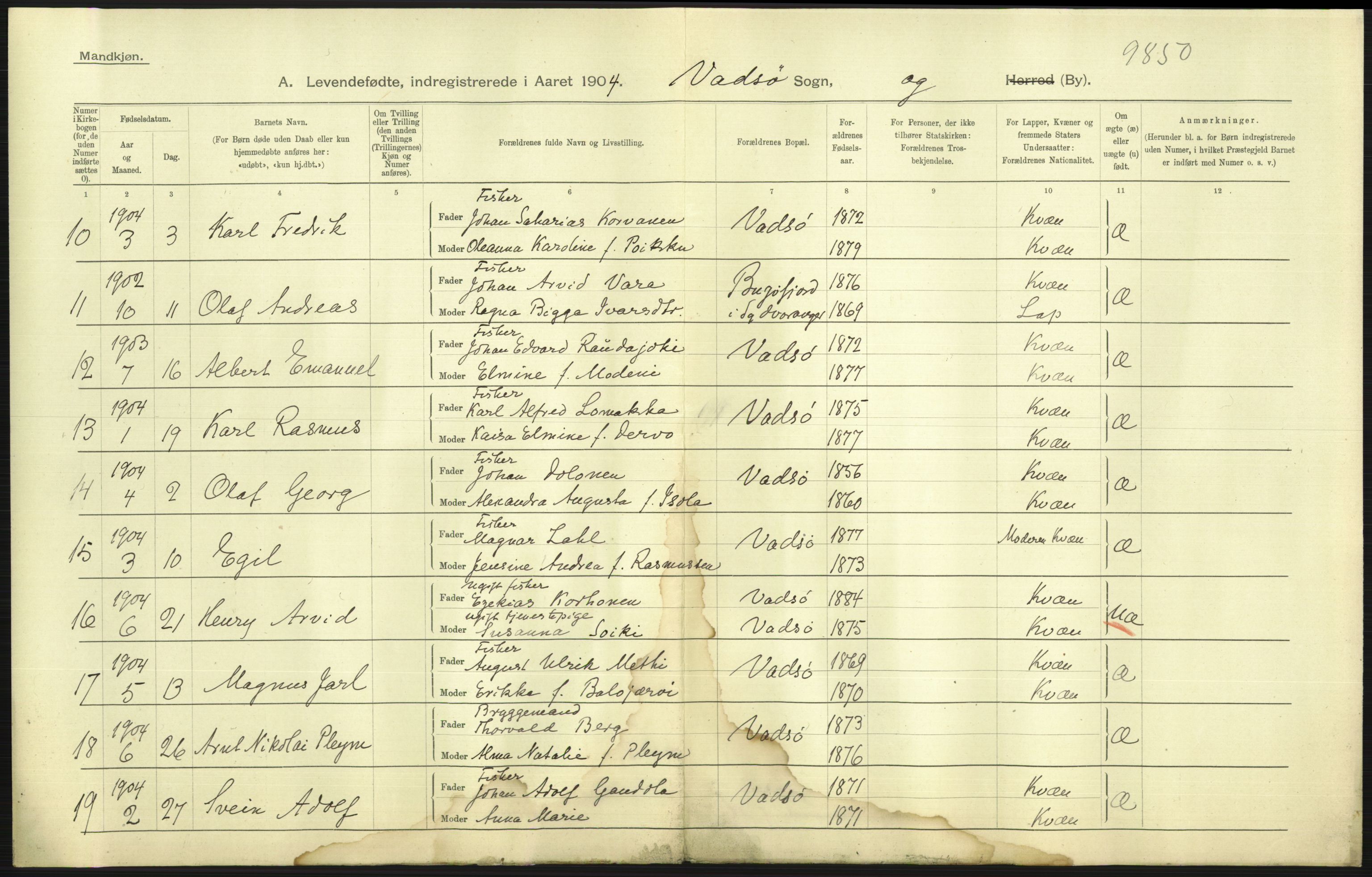 Statistisk sentralbyrå, Sosiodemografiske emner, Befolkning, AV/RA-S-2228/D/Df/Dfa/Dfab/L0023: Finnmarkens amt: Fødte, gifte, døde, 1904, s. 139