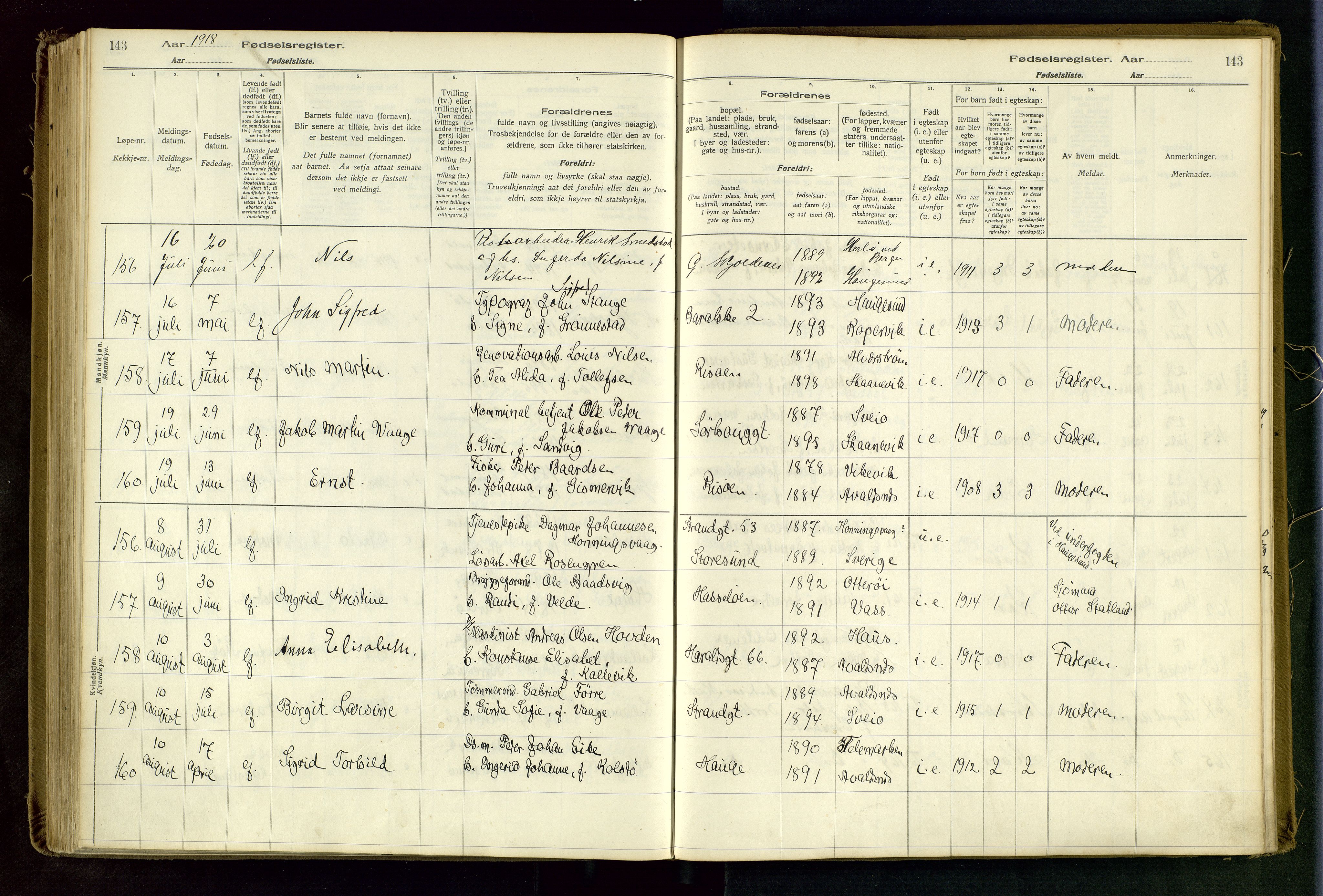 Haugesund sokneprestkontor, AV/SAST-A -101863/I/Id/L0003: Fødselsregister nr. 1, 1916-1919, s. 143