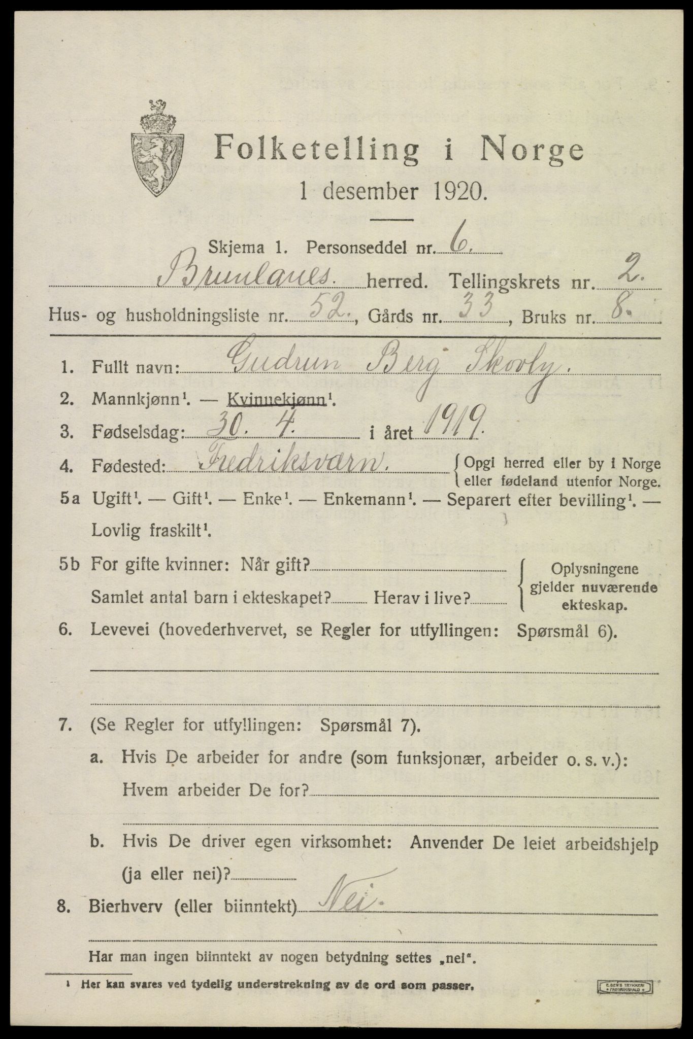 SAKO, Folketelling 1920 for 0726 Brunlanes herred, 1920, s. 3865