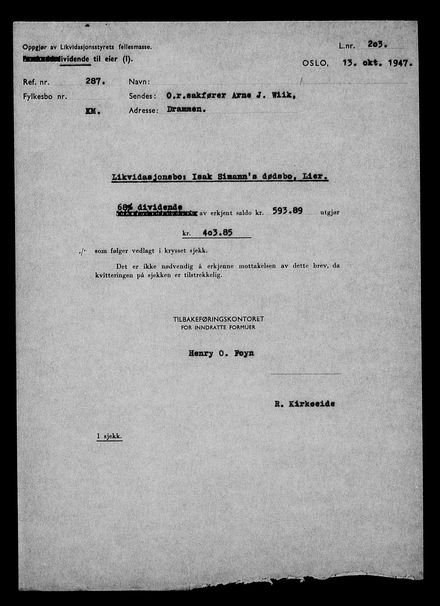 Justisdepartementet, Tilbakeføringskontoret for inndratte formuer, AV/RA-S-1564/H/Hc/Hcd/L1007: --, 1945-1947, s. 69