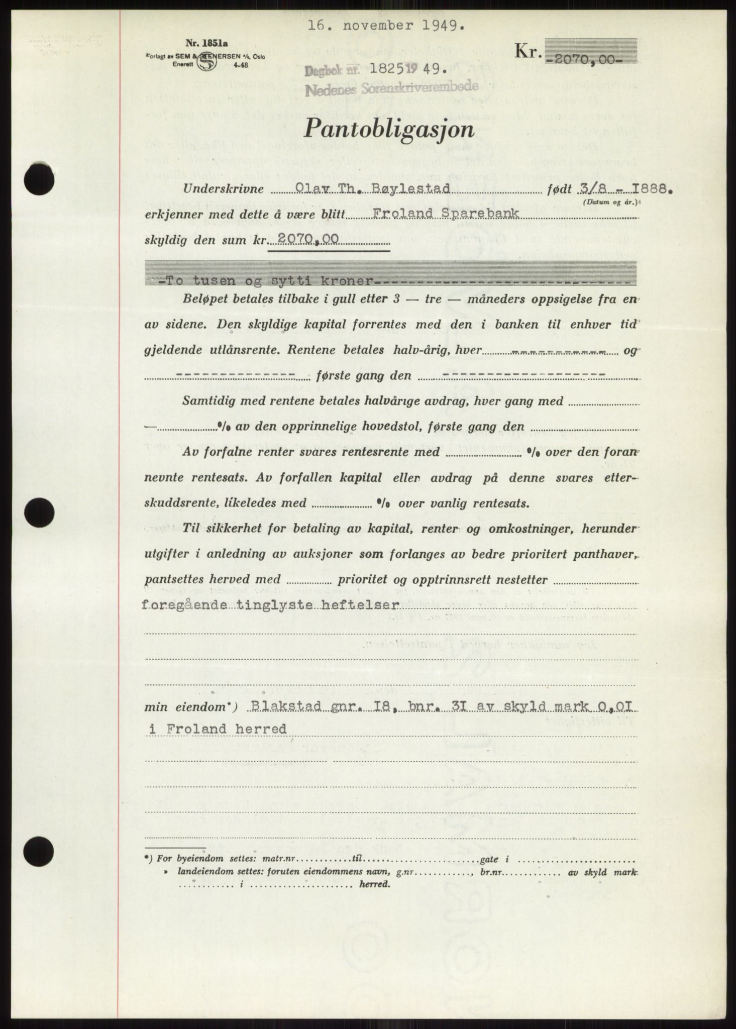 Nedenes sorenskriveri, SAK/1221-0006/G/Gb/Gbb/L0007: Pantebok nr. B7, 1949-1950, Dagboknr: 1825/1949