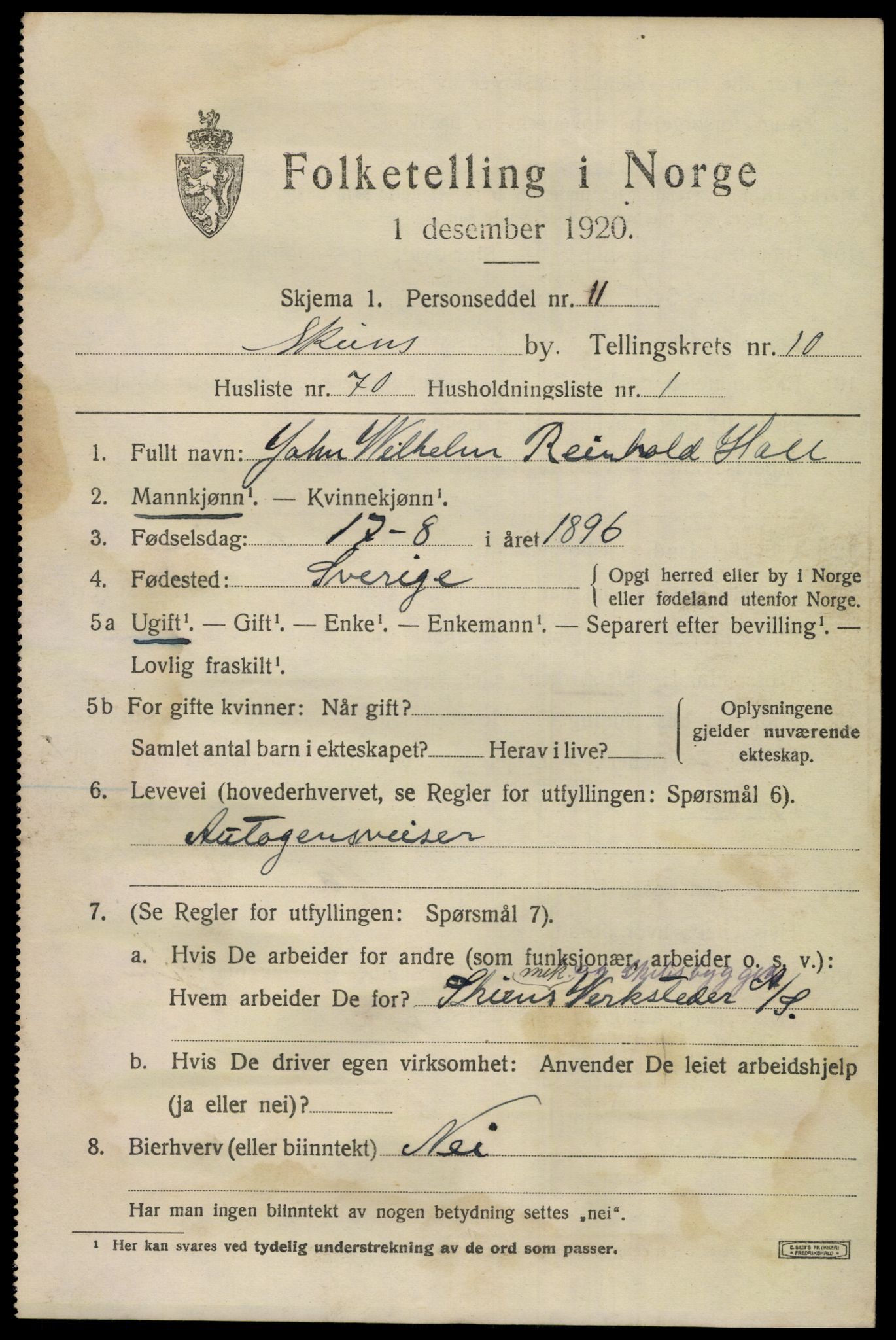 SAKO, Folketelling 1920 for 0806 Skien kjøpstad, 1920, s. 33314