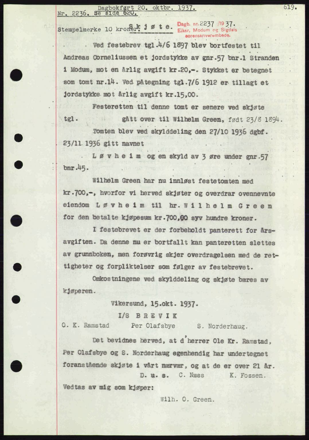 Eiker, Modum og Sigdal sorenskriveri, SAKO/A-123/G/Ga/Gab/L0036: Pantebok nr. A6, 1937-1937, Dagboknr: 2237/1937