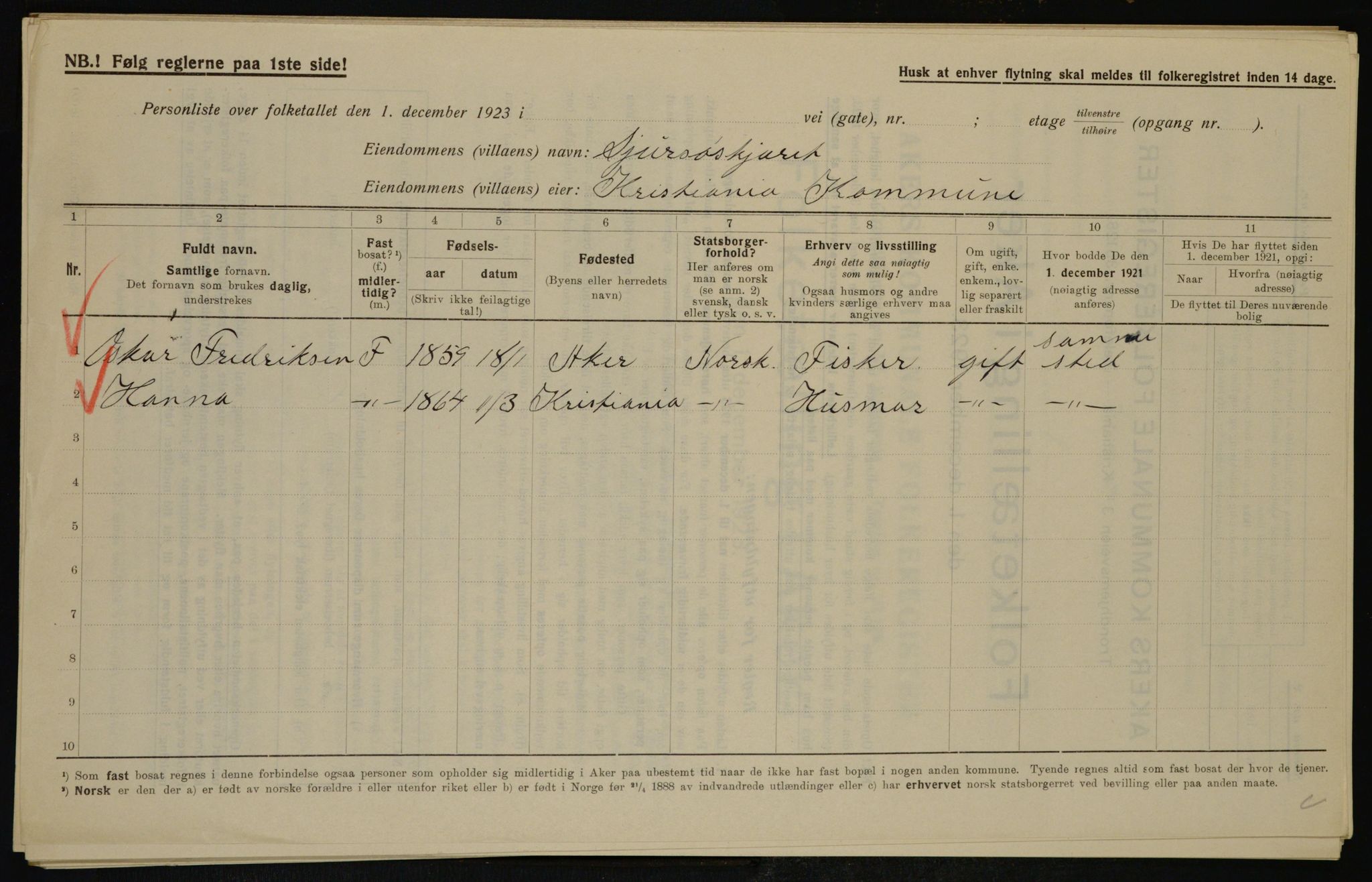 , Kommunal folketelling 1.12.1923 for Aker, 1923, s. 45320