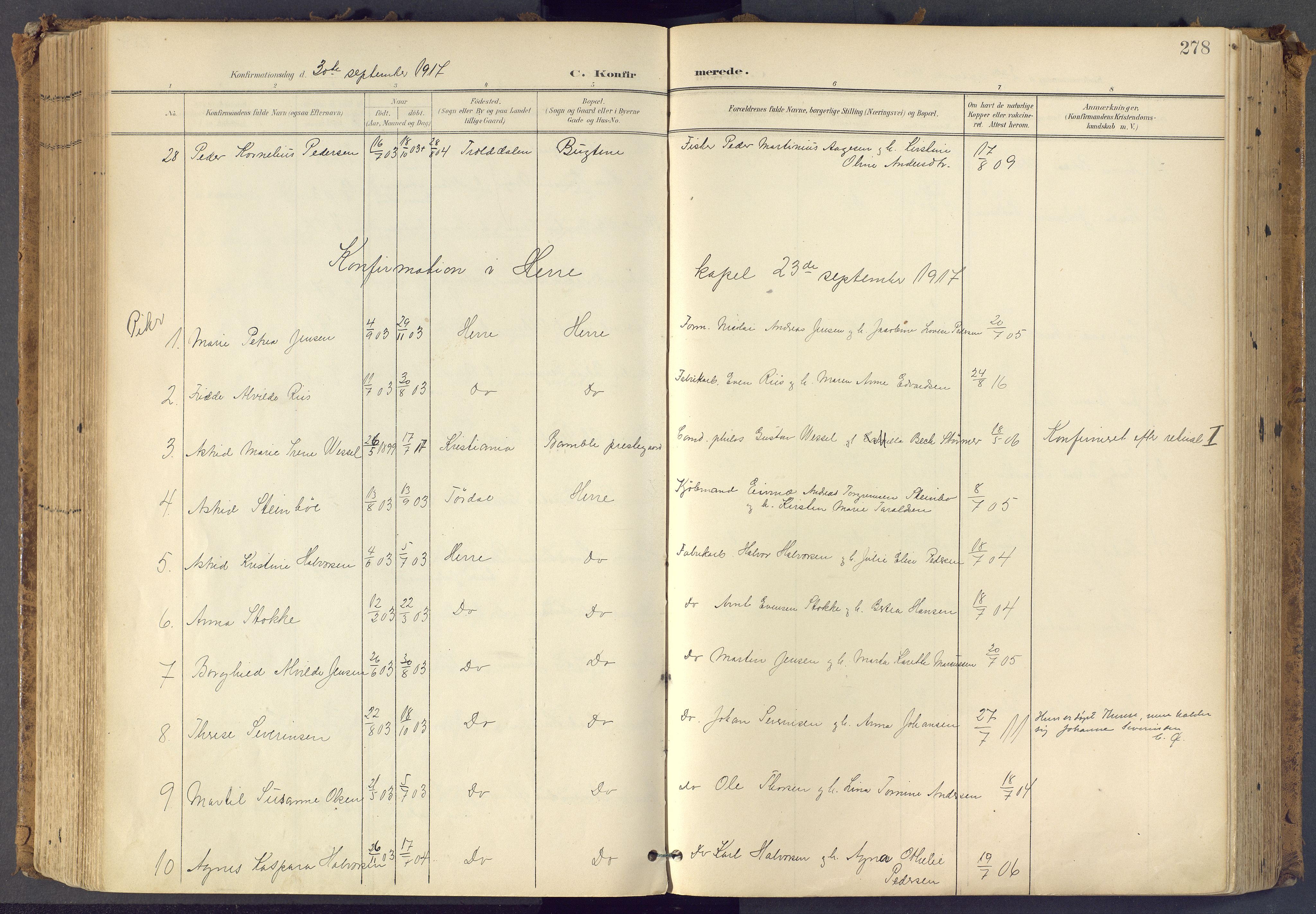 Bamble kirkebøker, SAKO/A-253/F/Fa/L0009: Ministerialbok nr. I 9, 1901-1917, s. 278