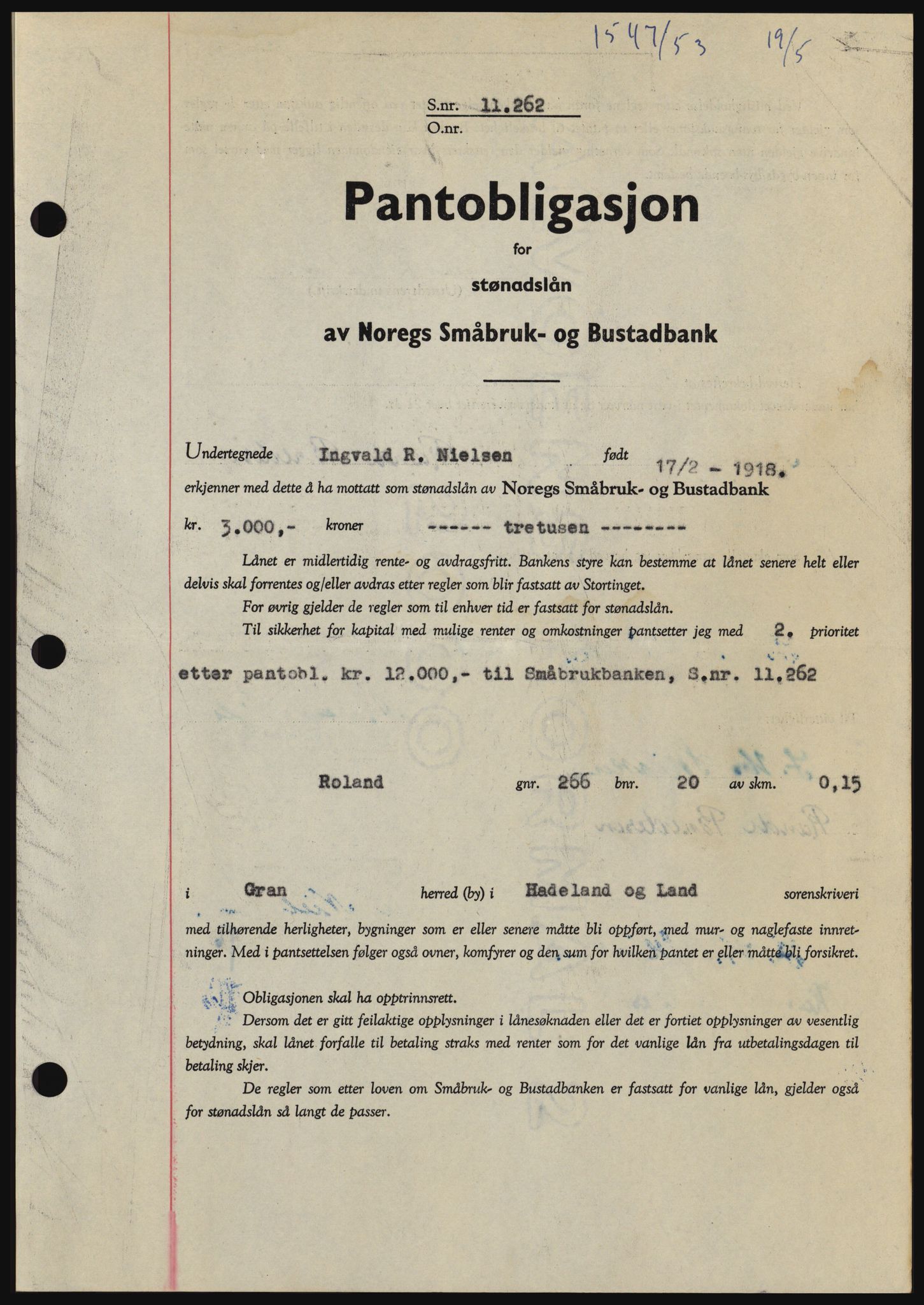 Hadeland og Land tingrett, SAH/TING-010/H/Hb/Hbc/L0027: Pantebok nr. B27, 1953-1953, Dagboknr: 1547/1953