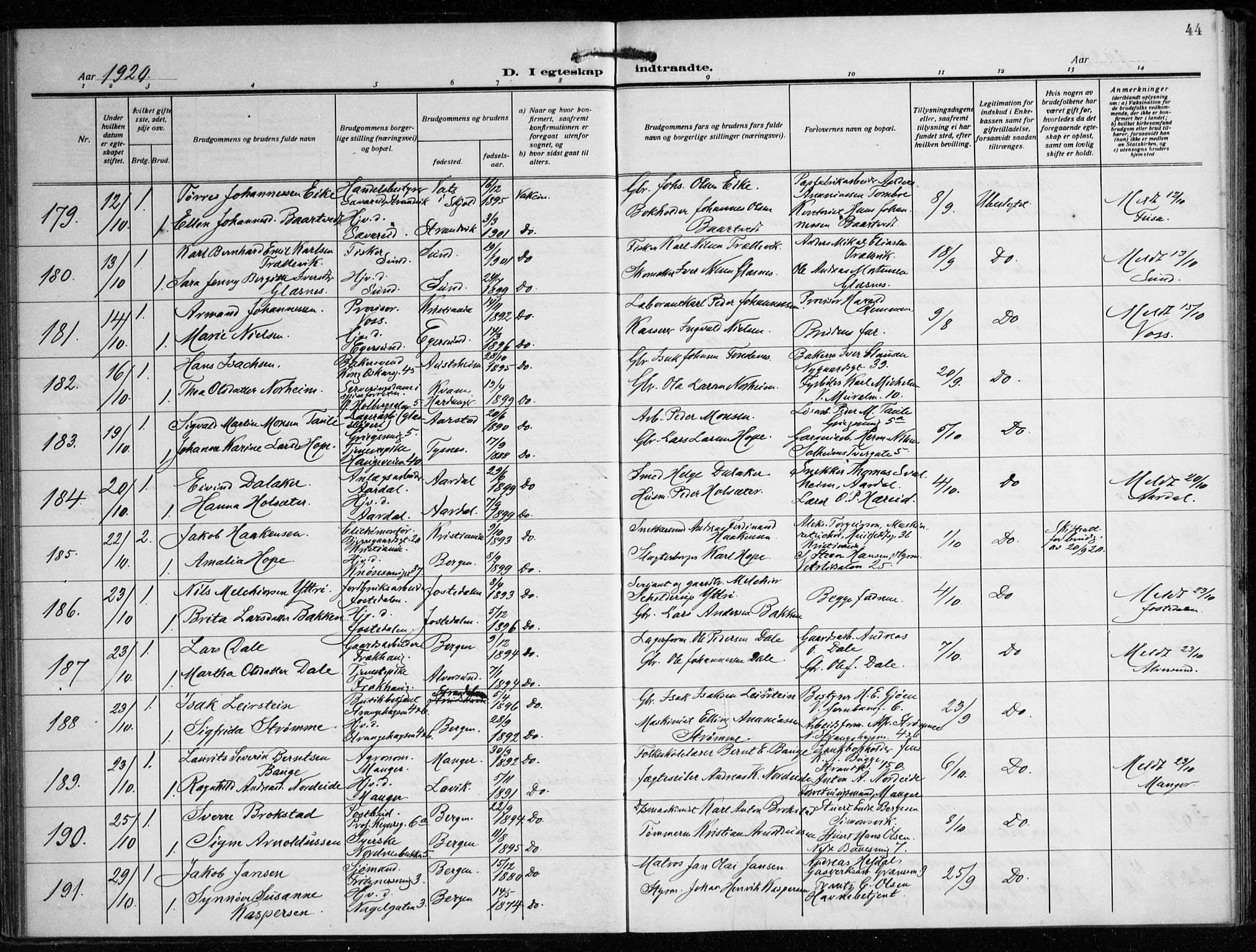 Nykirken Sokneprestembete, AV/SAB-A-77101/H/Haa/L0037: Ministerialbok nr. D 7, 1918-1926, s. 44