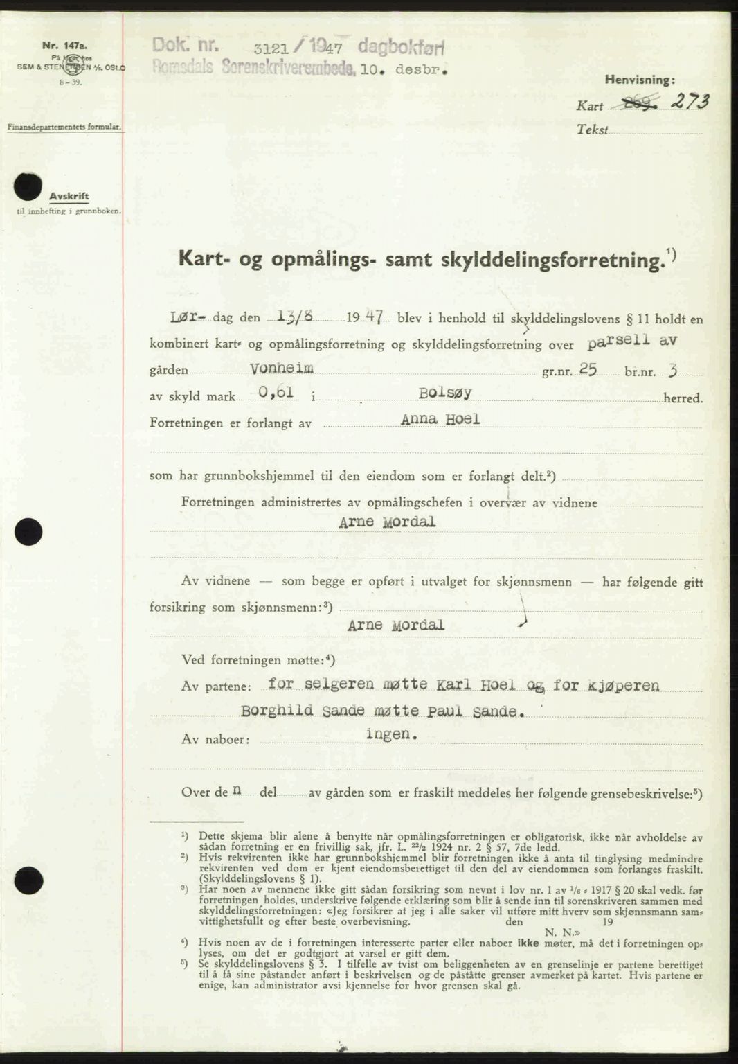 Romsdal sorenskriveri, SAT/A-4149/1/2/2C: Pantebok nr. A24, 1947-1947, Dagboknr: 3121/1947