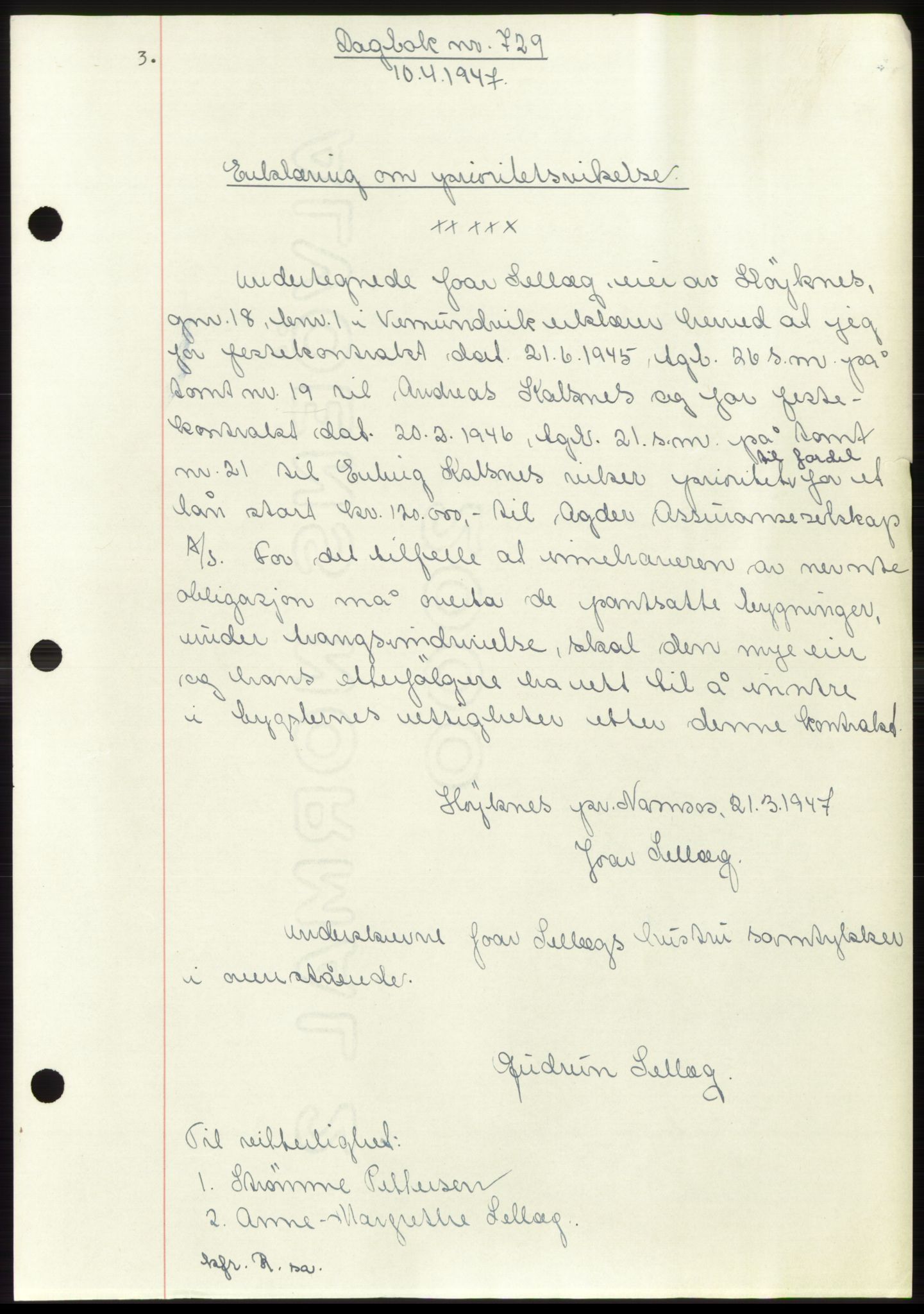 Namdal sorenskriveri, SAT/A-4133/1/2/2C: Pantebok nr. -, 1947-1947, Dagboknr: 729/1947