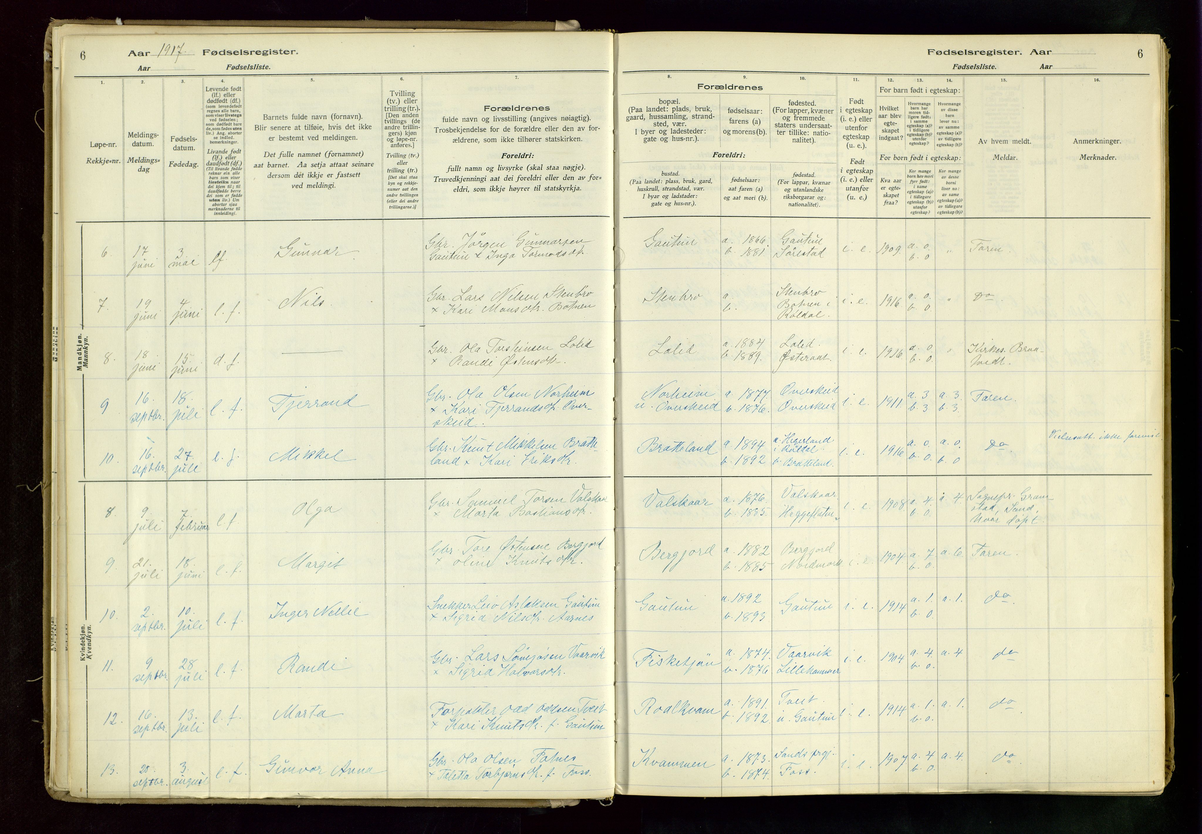 Suldal sokneprestkontor, AV/SAST-A-101845/03/A/L0002: Fødselsregister nr. 2, 1916-1982, s. 6