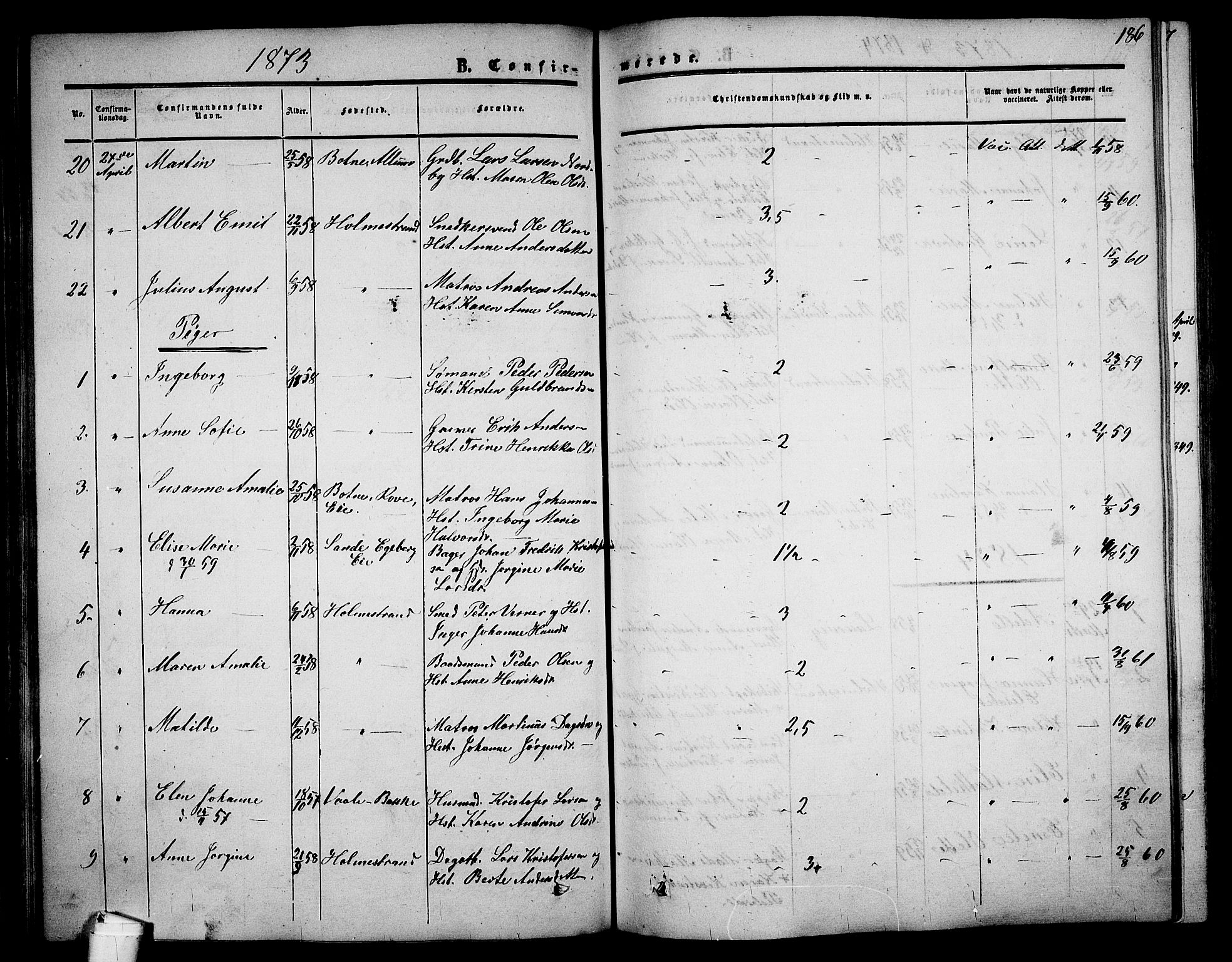 Holmestrand kirkebøker, AV/SAKO-A-346/G/Ga/L0003: Klokkerbok nr. 3, 1849-1874, s. 186