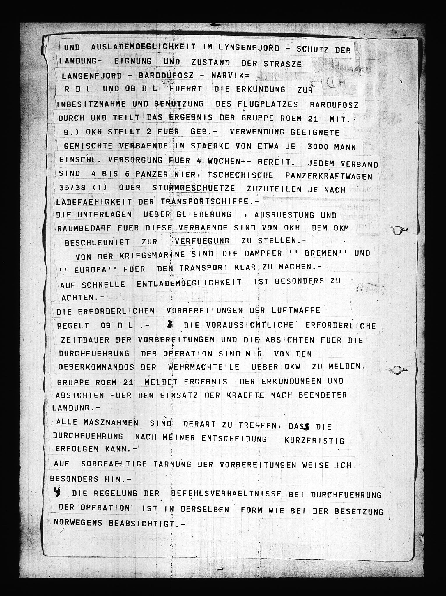 Documents Section, AV/RA-RAFA-2200/V/L0084: Amerikansk mikrofilm "Captured German Documents".
Box No. 723.  FKA jnr. 615/1954., 1940, s. 95