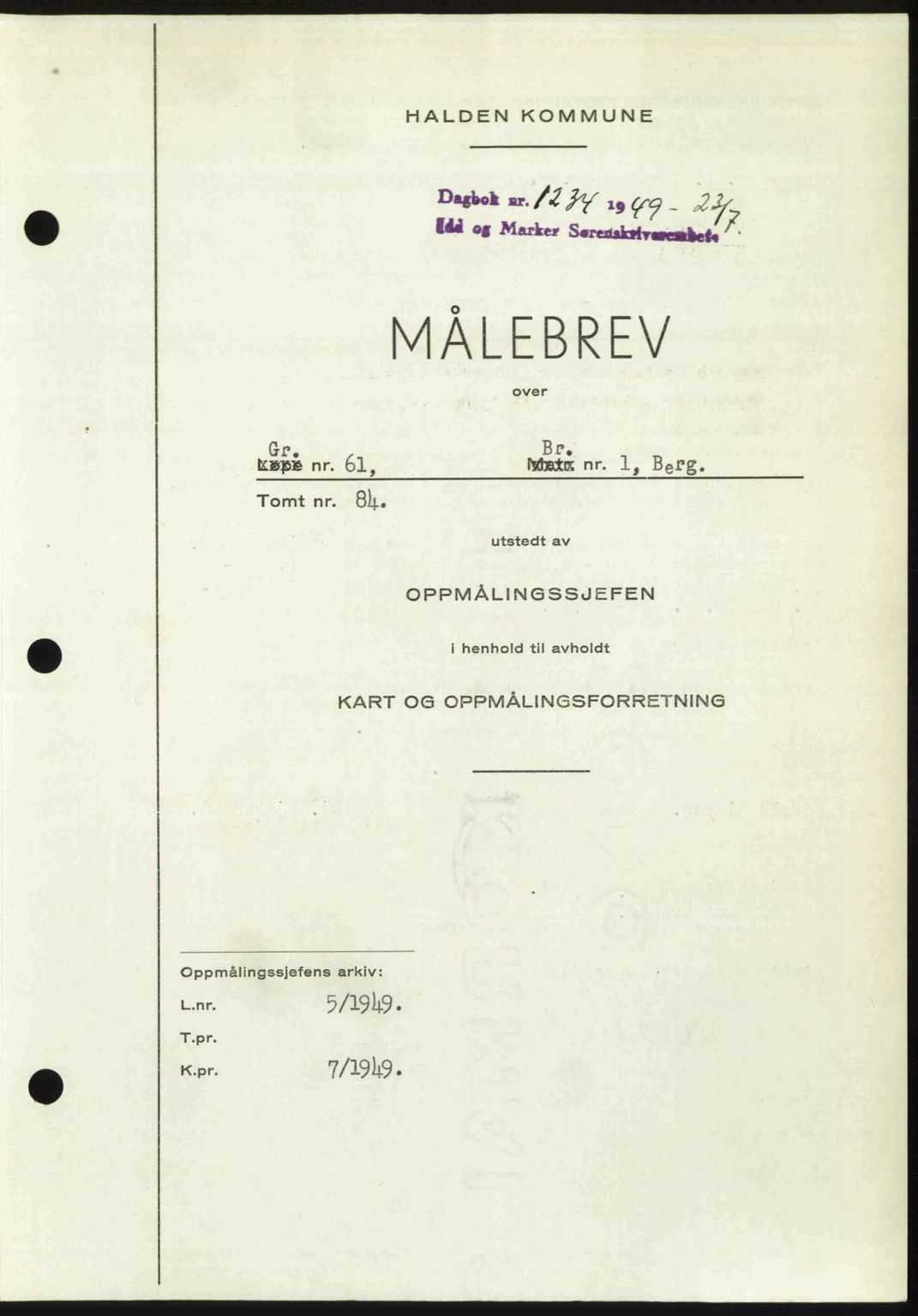 Idd og Marker sorenskriveri, AV/SAO-A-10283/G/Gb/Gbb/L0012: Pantebok nr. A12, 1949-1949, Dagboknr: 1234/1949