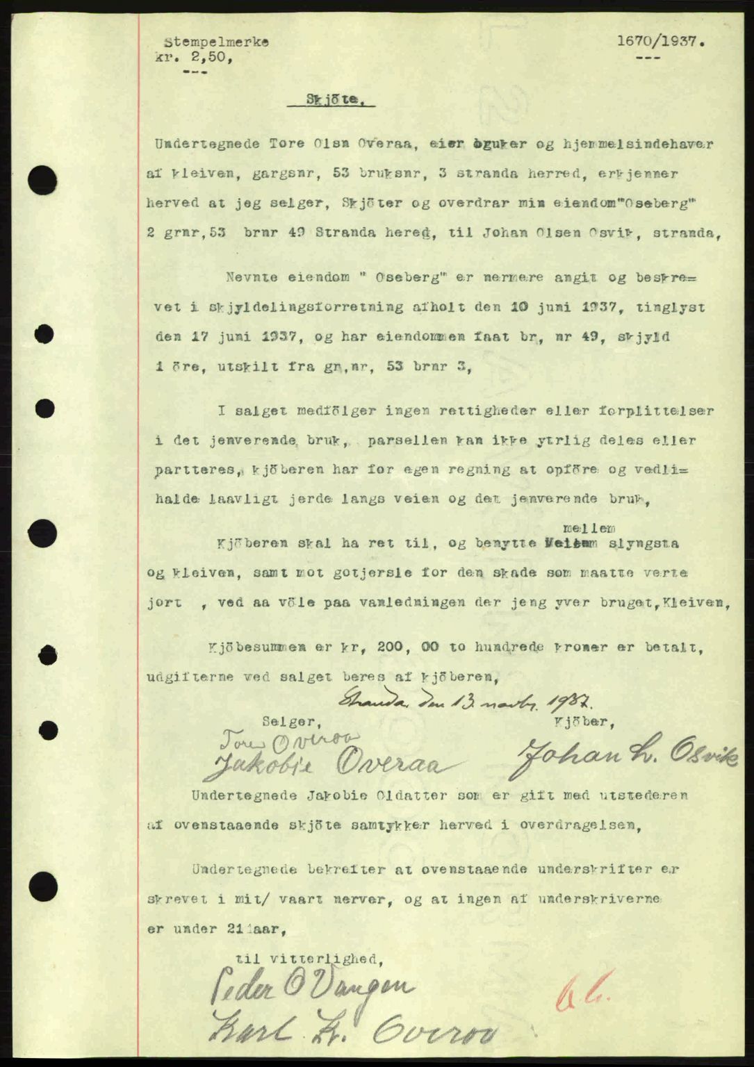 Nordre Sunnmøre sorenskriveri, SAT/A-0006/1/2/2C/2Ca: Pantebok nr. A3, 1937-1937, Dagboknr: 1670/1937