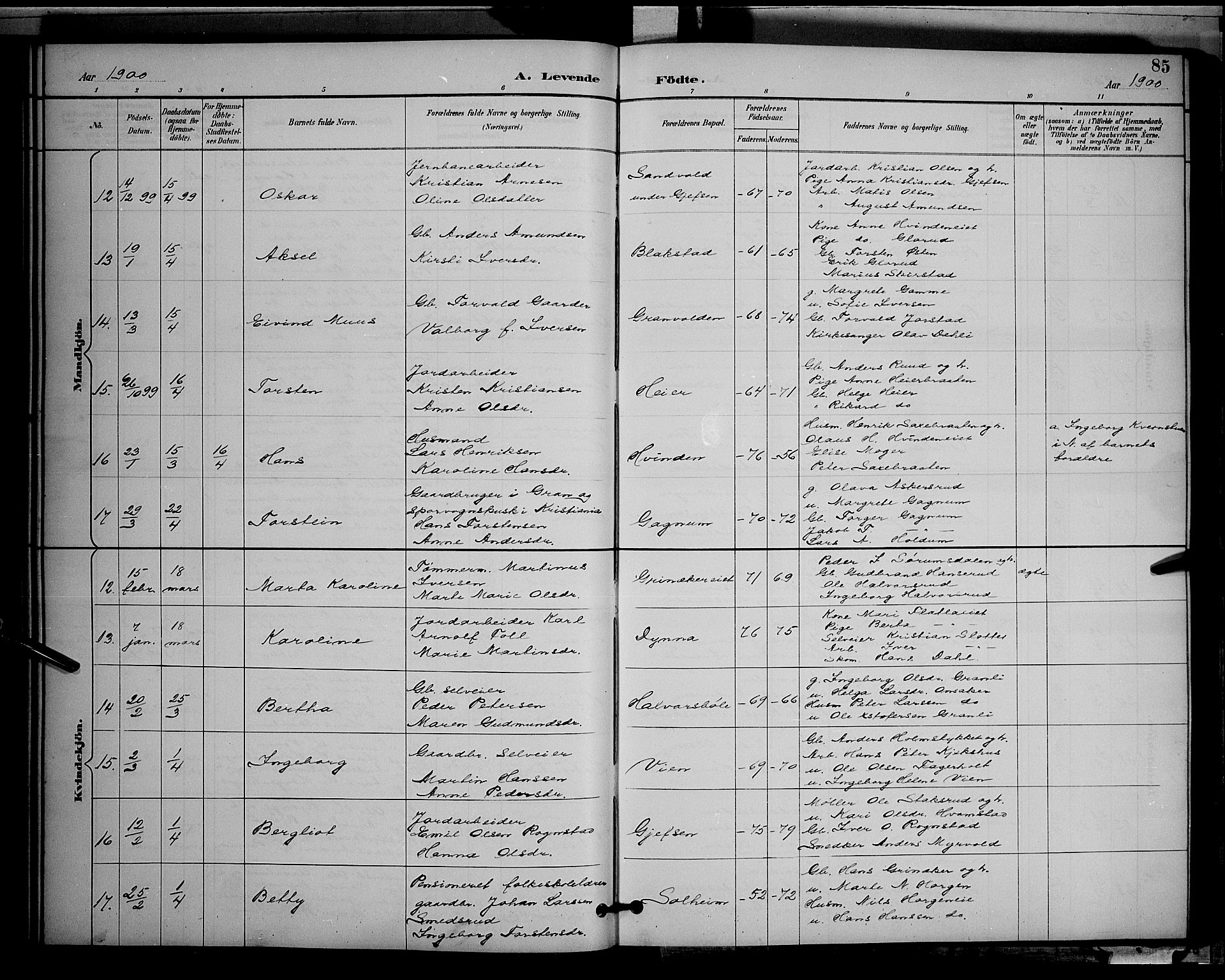 Gran prestekontor, AV/SAH-PREST-112/H/Ha/Hab/L0005: Klokkerbok nr. 5, 1892-1900, s. 85