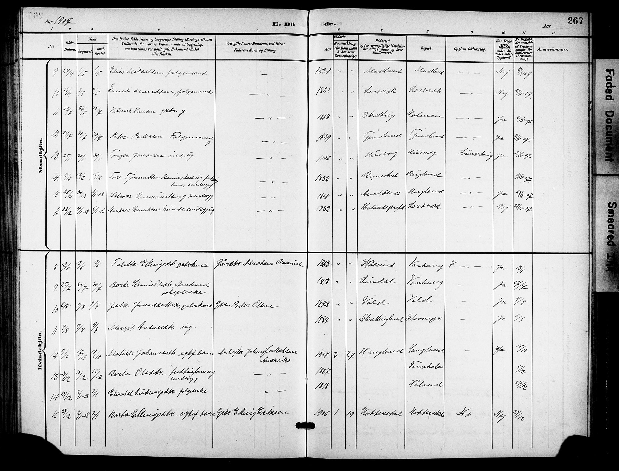 Hå sokneprestkontor, AV/SAST-A-101801/001/30BB/L0006: Klokkerbok nr. B 6, 1900-1924, s. 267