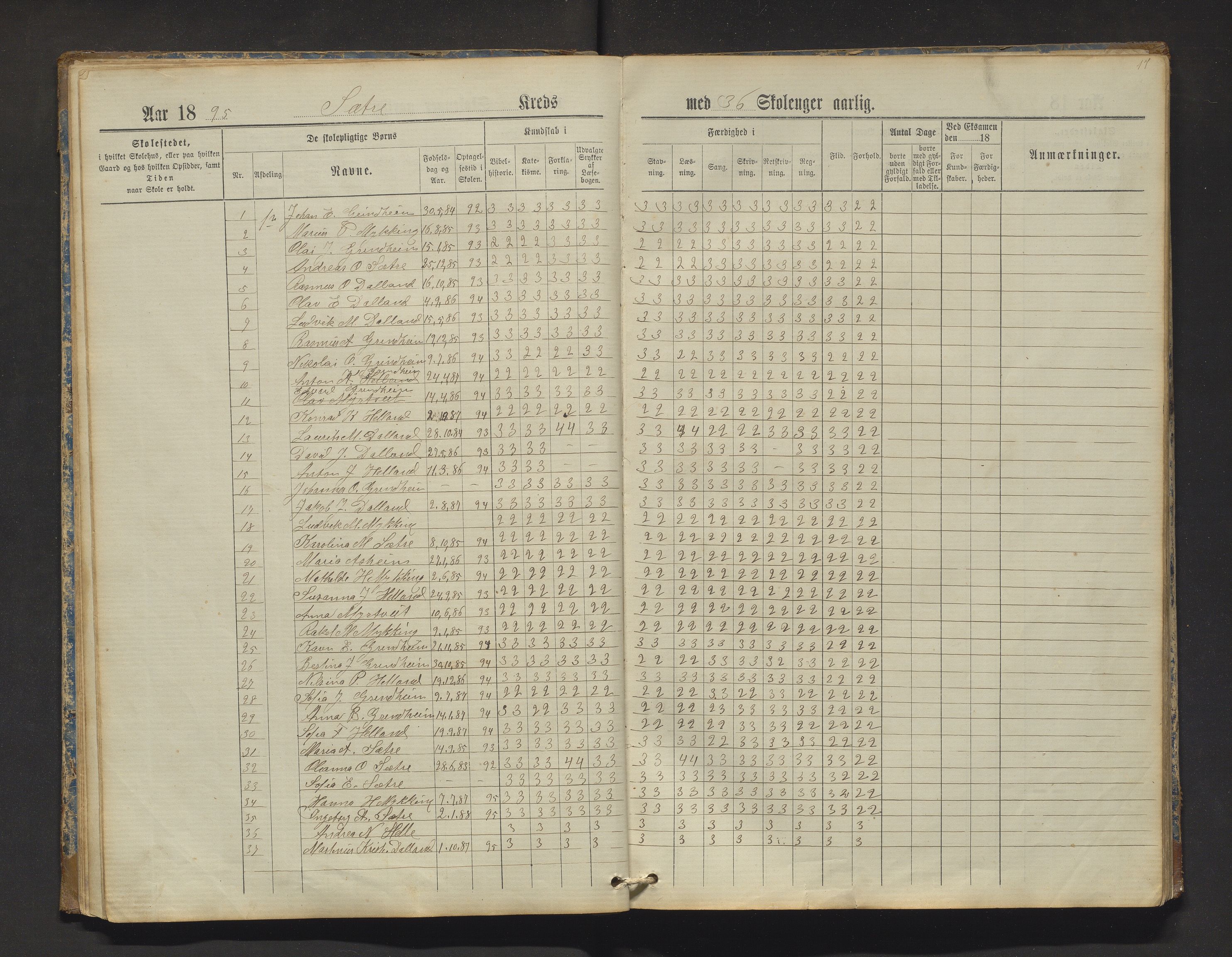 Manger kommune. Barneskulane, IKAH/1261-231/F/Fa/L0002: Skuleprotokoll for Toska, Manger, Dalland, Lilletvedt, Sætre og Helle krinsar , 1882-1916, s. 17