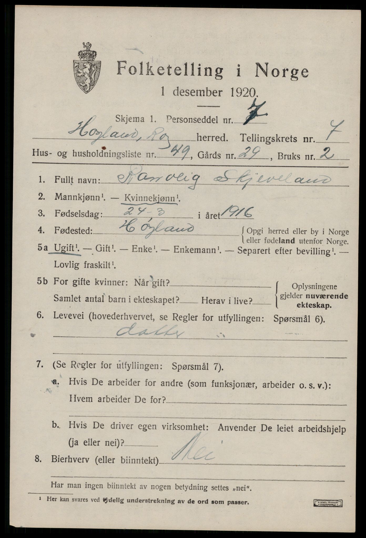 SAST, Folketelling 1920 for 1123 Høyland herred, 1920, s. 5264