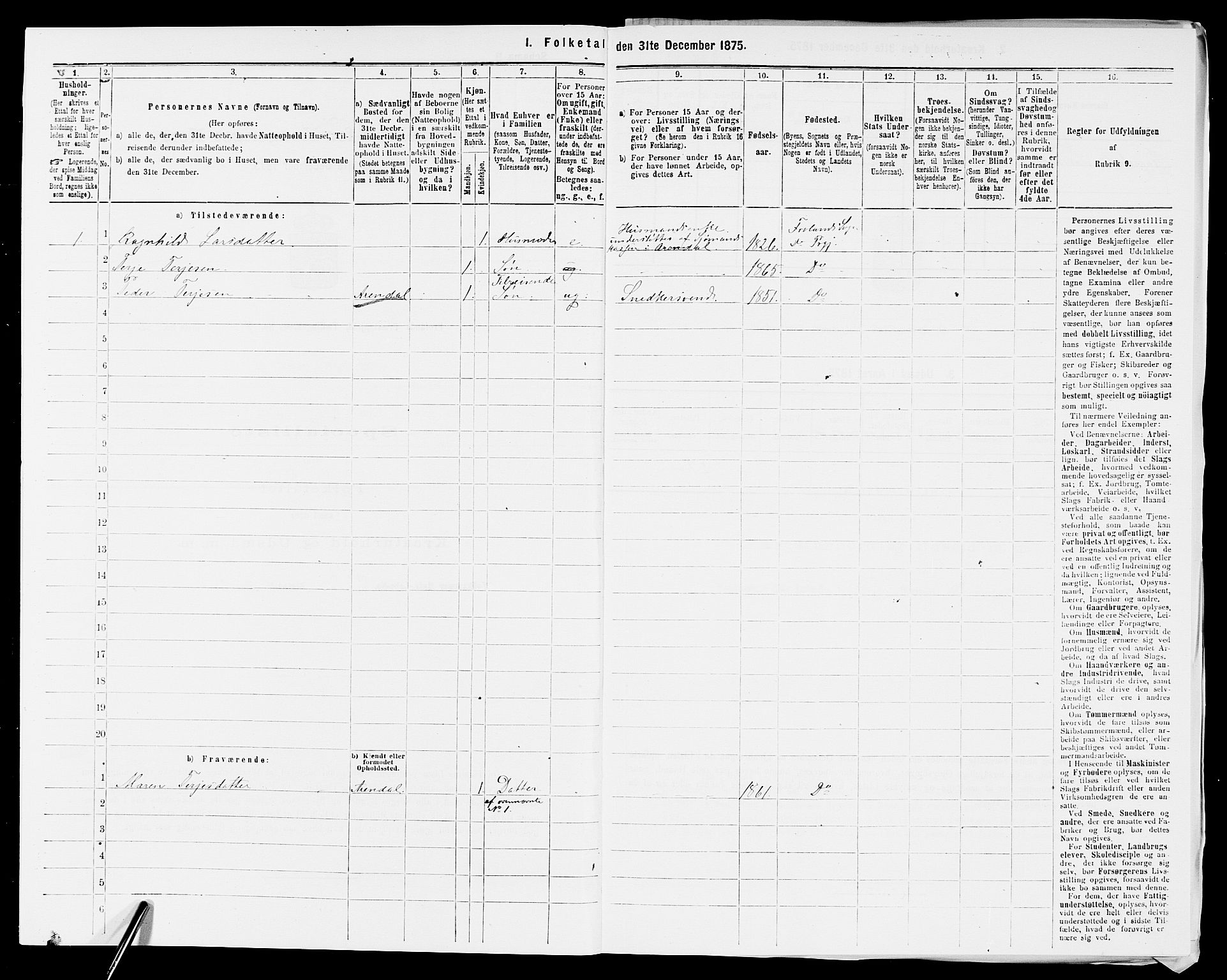 SAK, Folketelling 1875 for 0919P Froland prestegjeld, 1875, s. 397