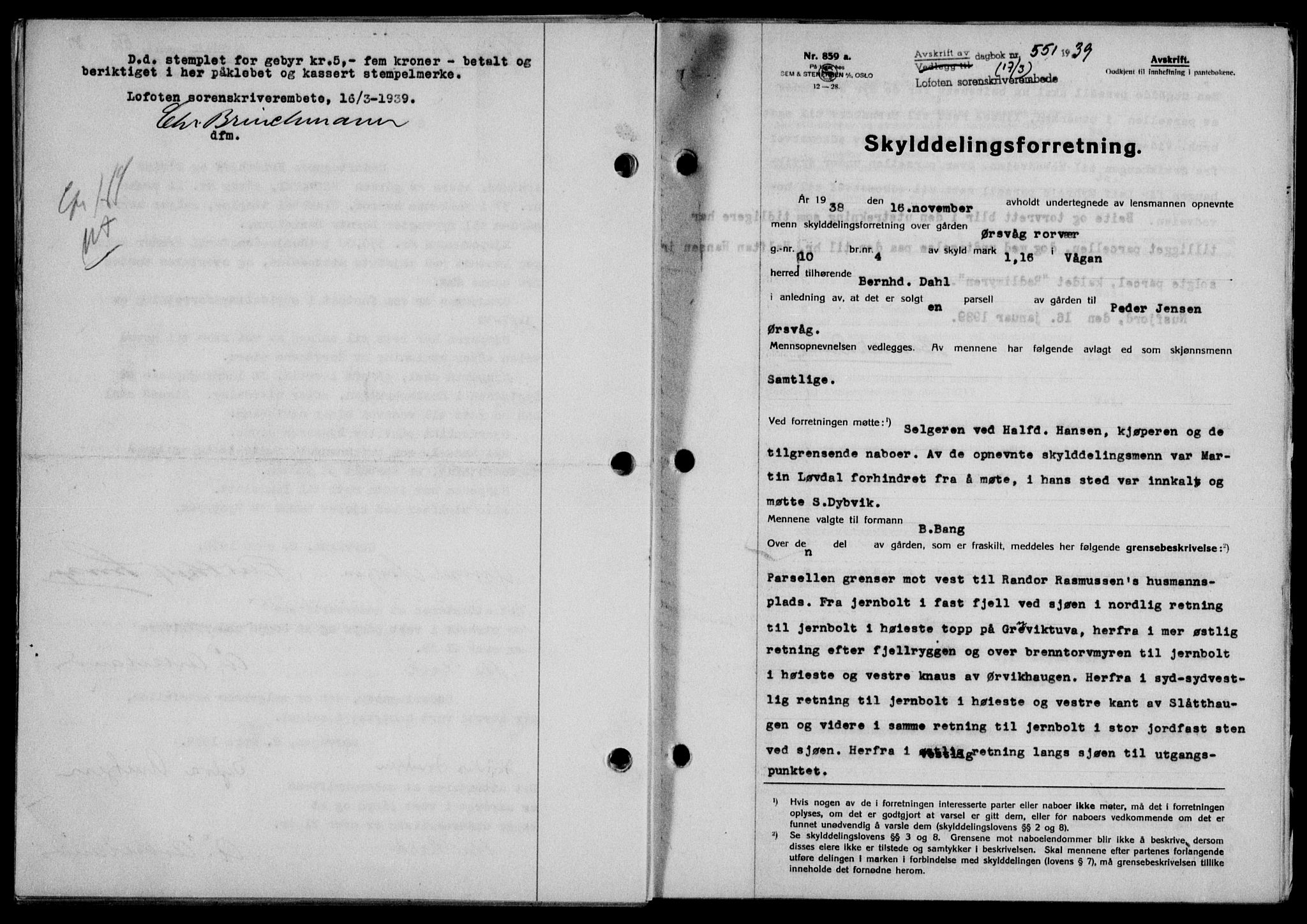 Lofoten sorenskriveri, SAT/A-0017/1/2/2C/L0005a: Pantebok nr. 5a, 1939-1939, Dagboknr: 551/1939