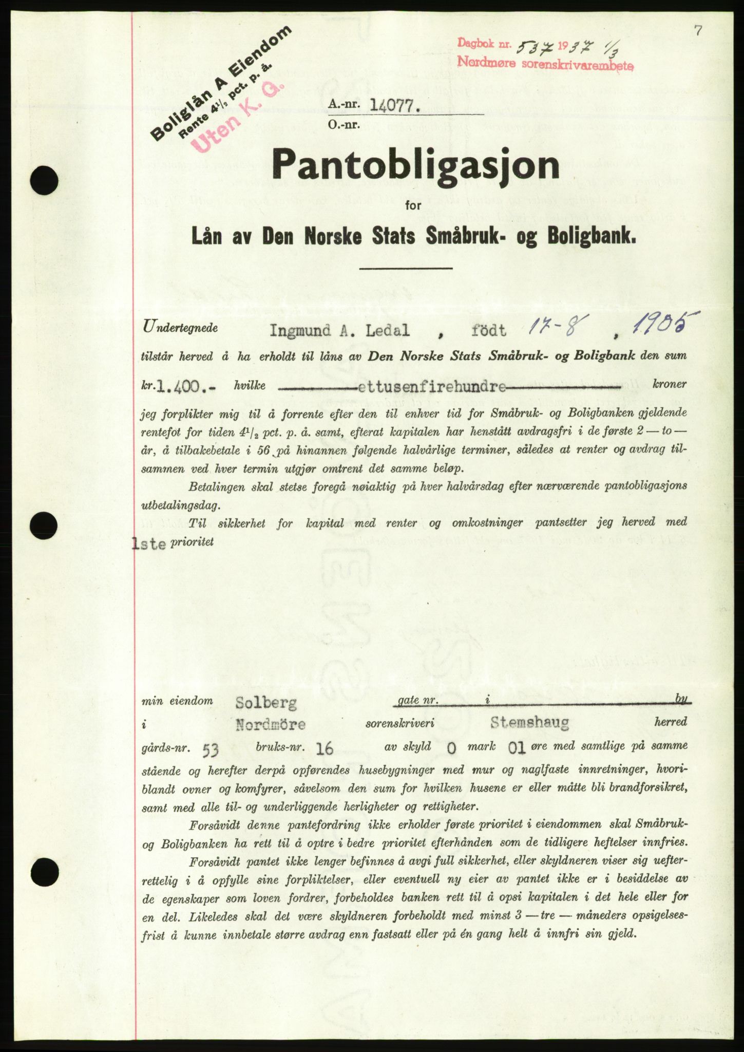 Nordmøre sorenskriveri, AV/SAT-A-4132/1/2/2Ca/L0091: Pantebok nr. B81, 1937-1937, Dagboknr: 537/1937