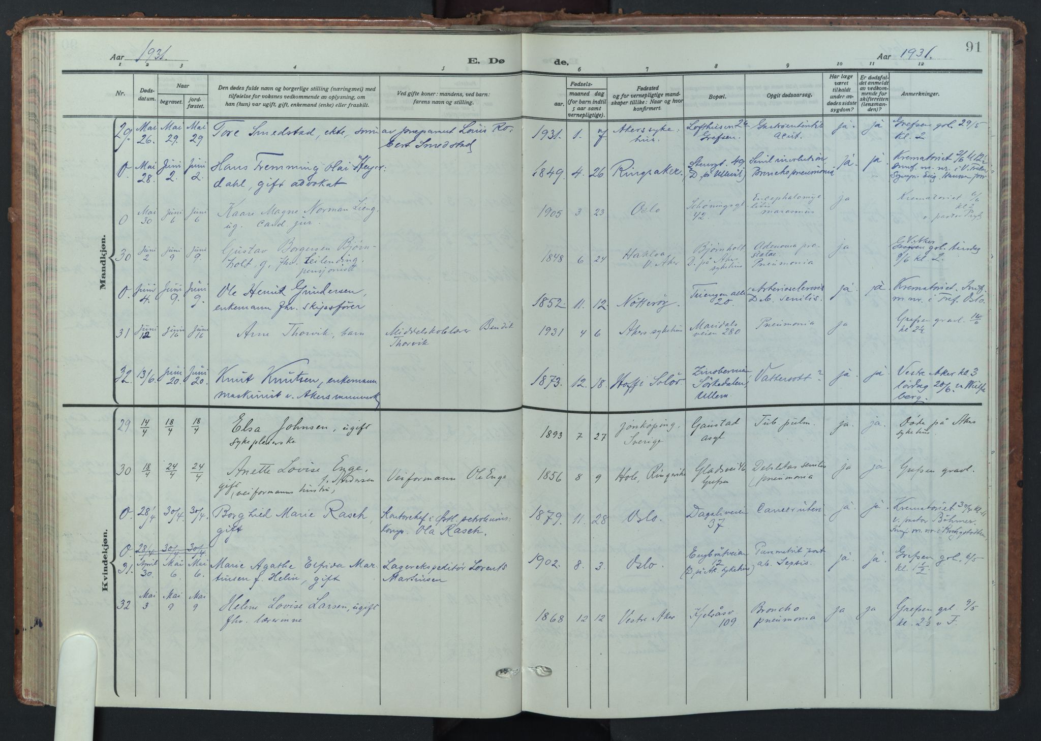 Vestre Aker prestekontor Kirkebøker, AV/SAO-A-10025/F/Fa/L0019: Ministerialbok nr. 19, 1926-1946, s. 91