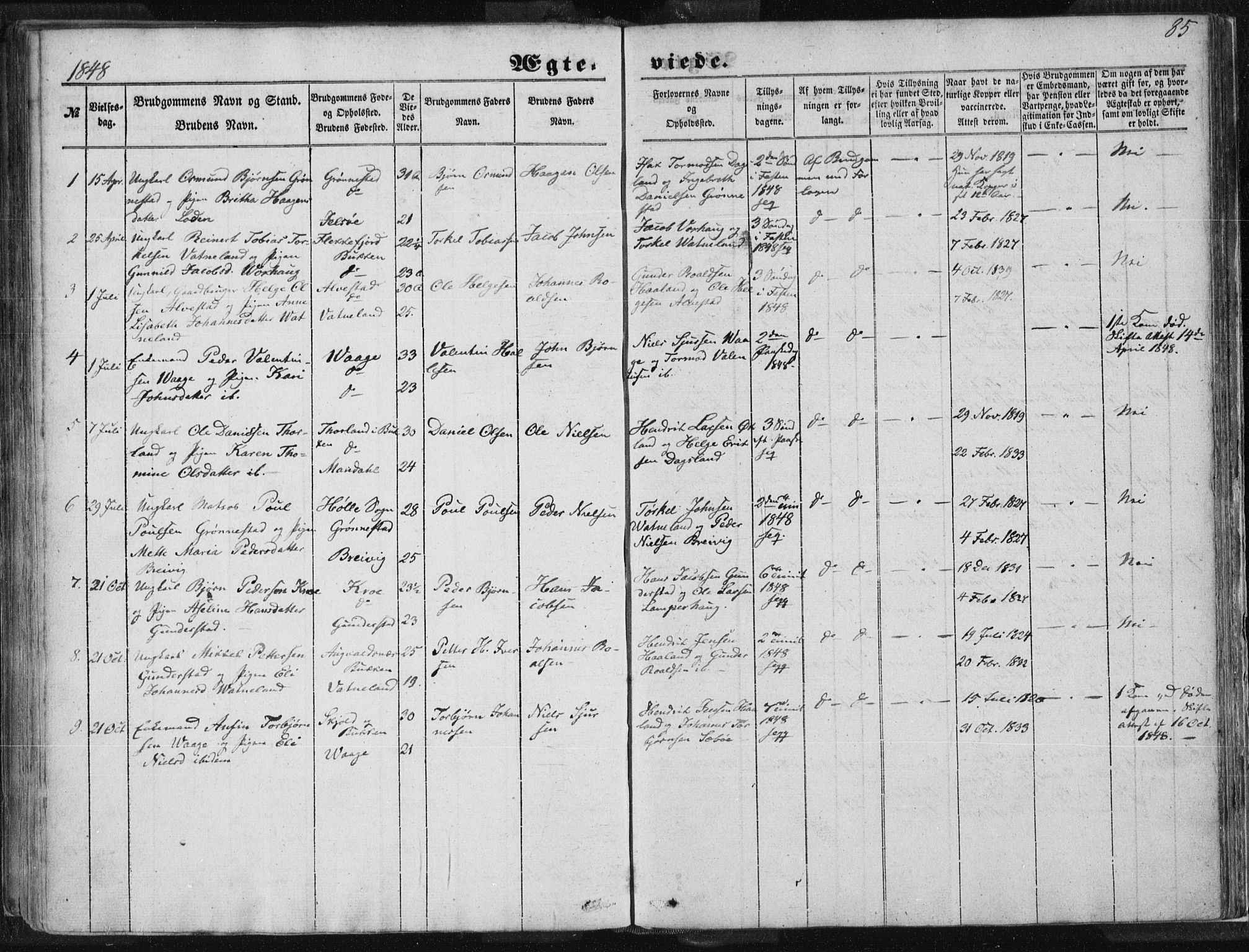 Tysvær sokneprestkontor, SAST/A -101864/H/Ha/Haa/L0002: Ministerialbok nr. A 2, 1847-1856, s. 85