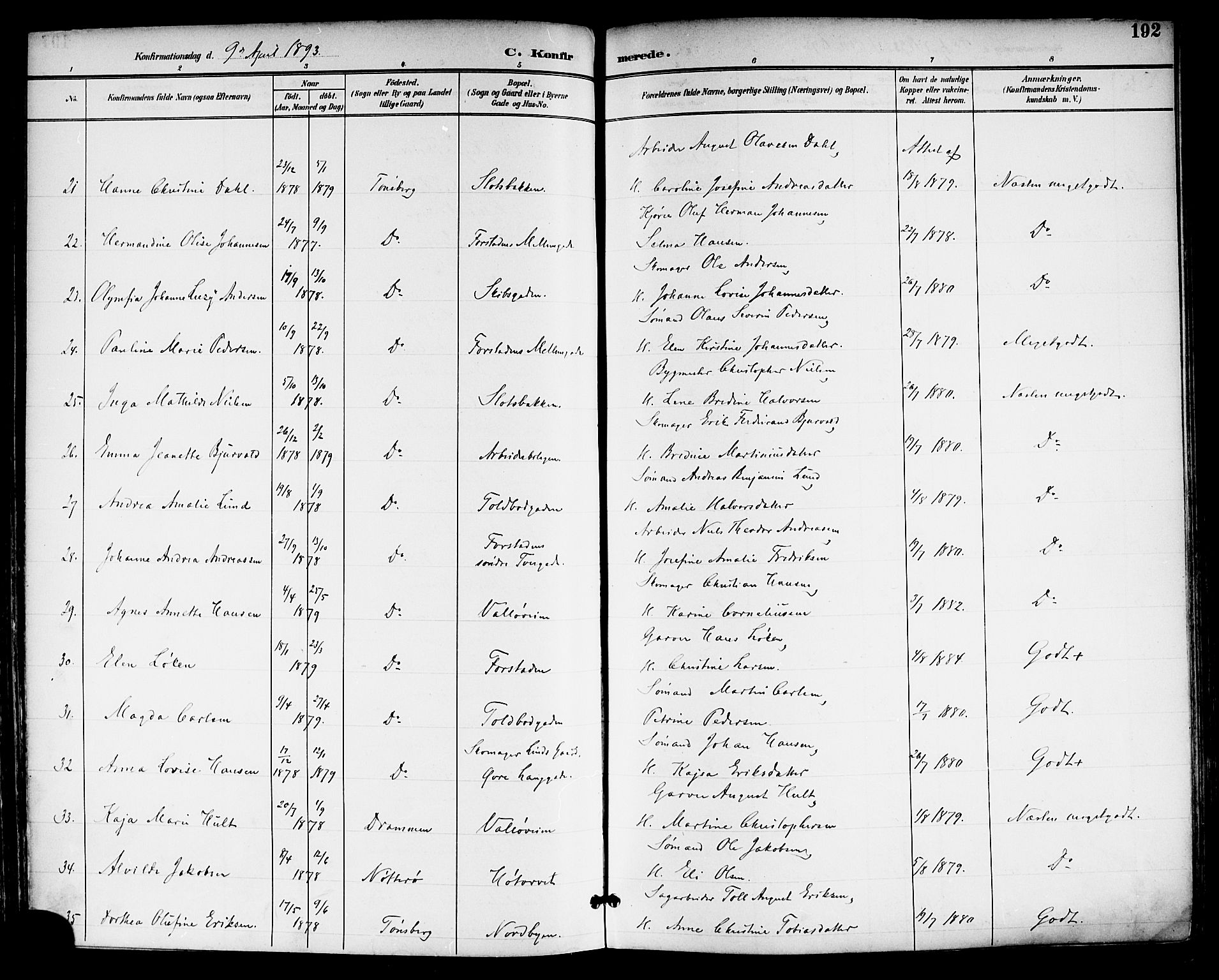 Tønsberg kirkebøker, AV/SAKO-A-330/F/Fa/L0012: Ministerialbok nr. I 12, 1891-1899, s. 192