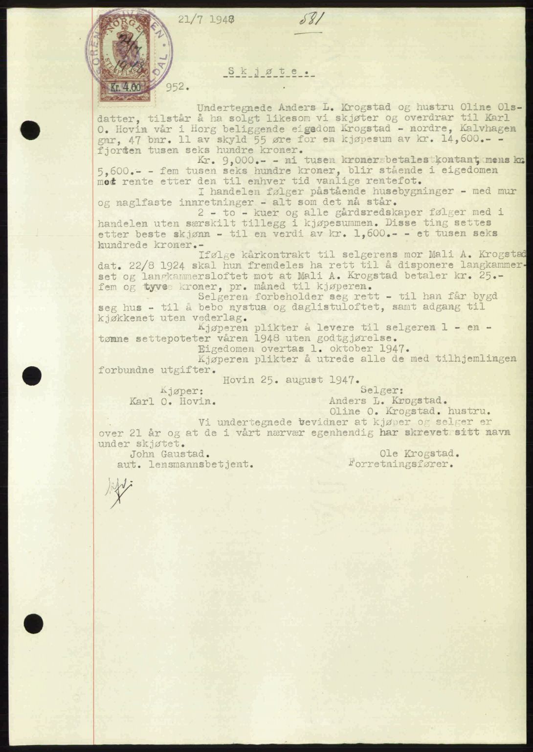 Gauldal sorenskriveri, SAT/A-0014/1/2/2C: Pantebok nr. A6, 1948-1948, Dagboknr: 952/1948
