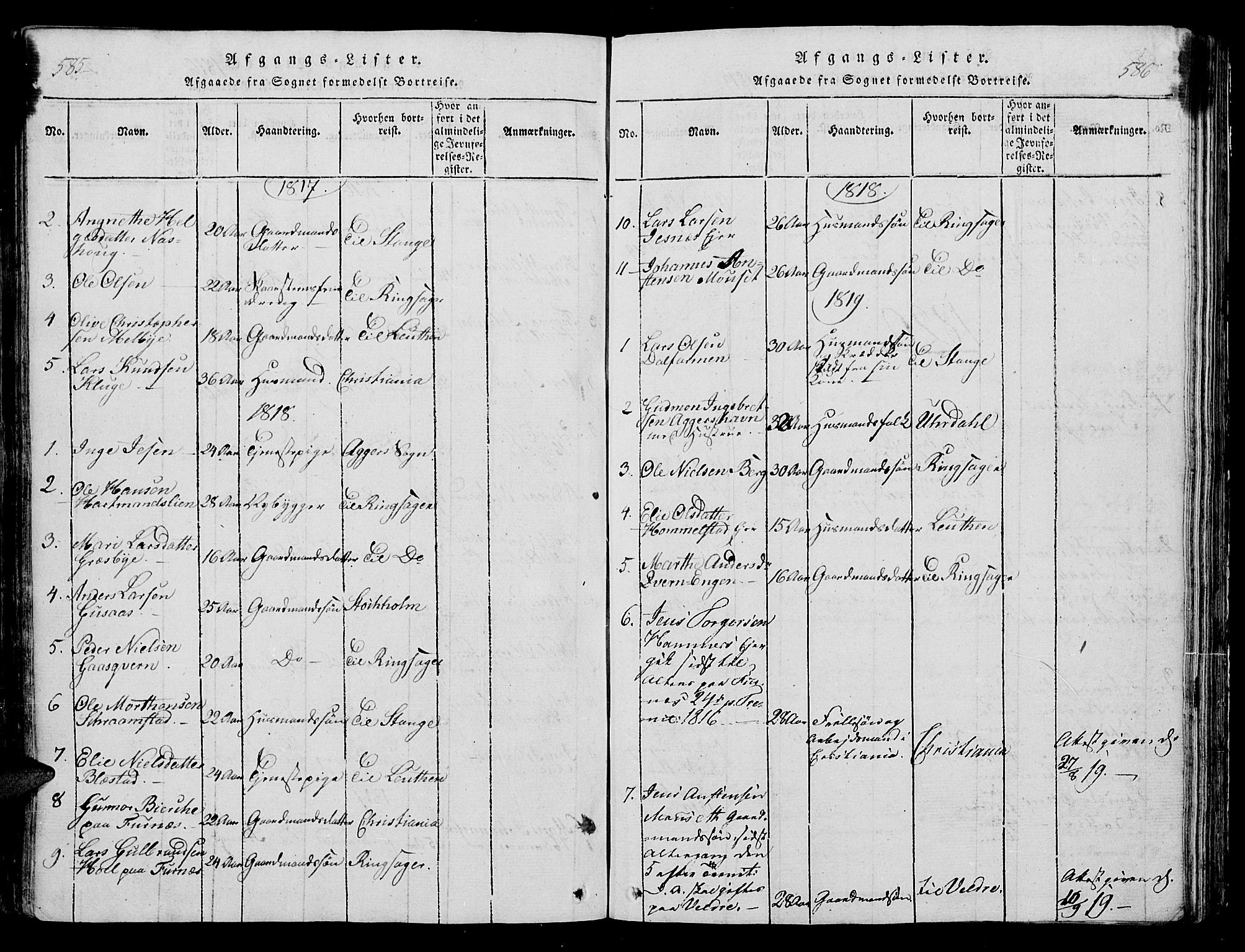 Vang prestekontor, Hedmark, SAH/PREST-008/H/Ha/Hab/L0004: Klokkerbok nr. 4, 1813-1827, s. 585-586