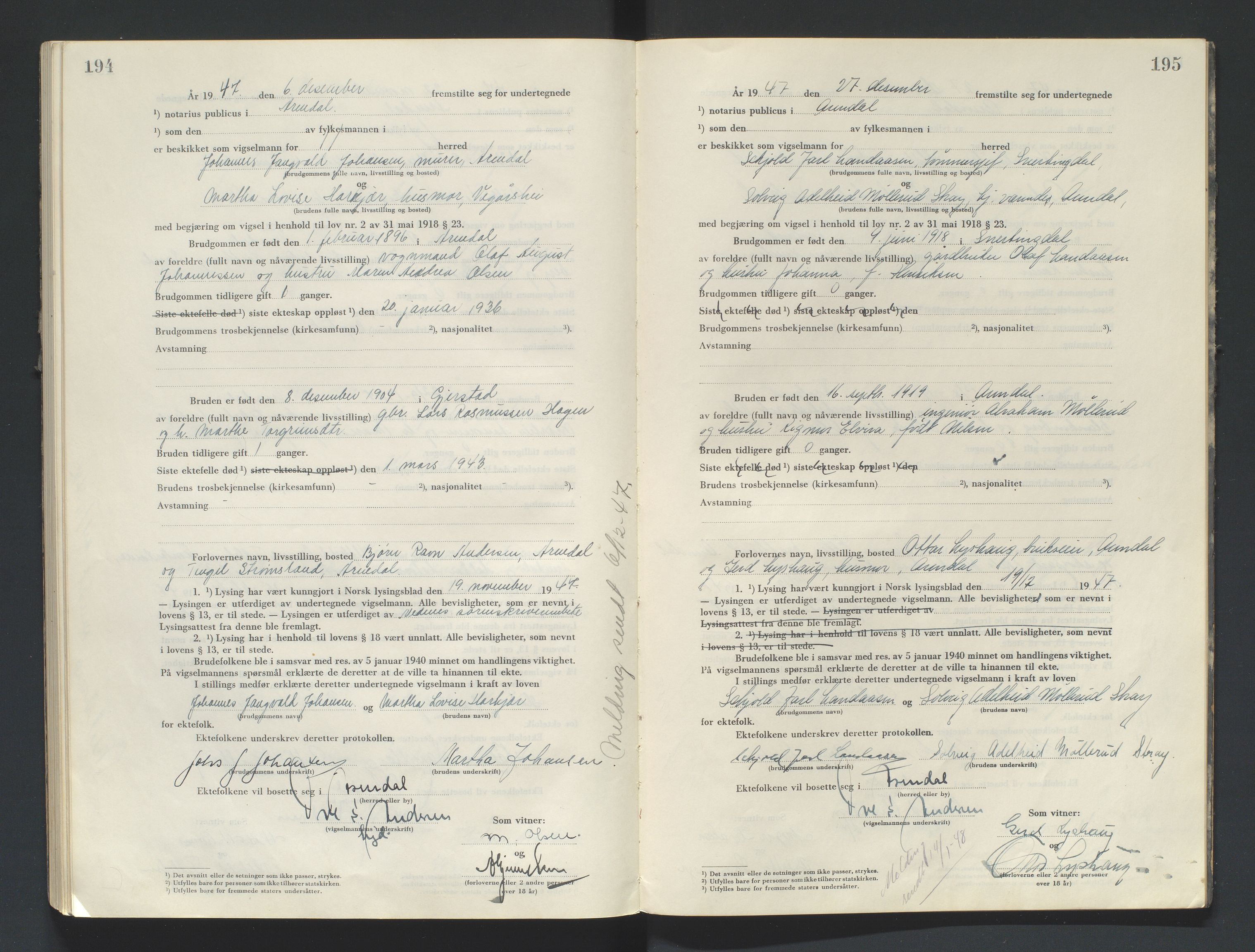 Nedenes sorenskriveri, SAK/1221-0006/L/Ld/L0002/0004: Vigselsbøker / Vigselbok, 1944-1948, s. 194-195