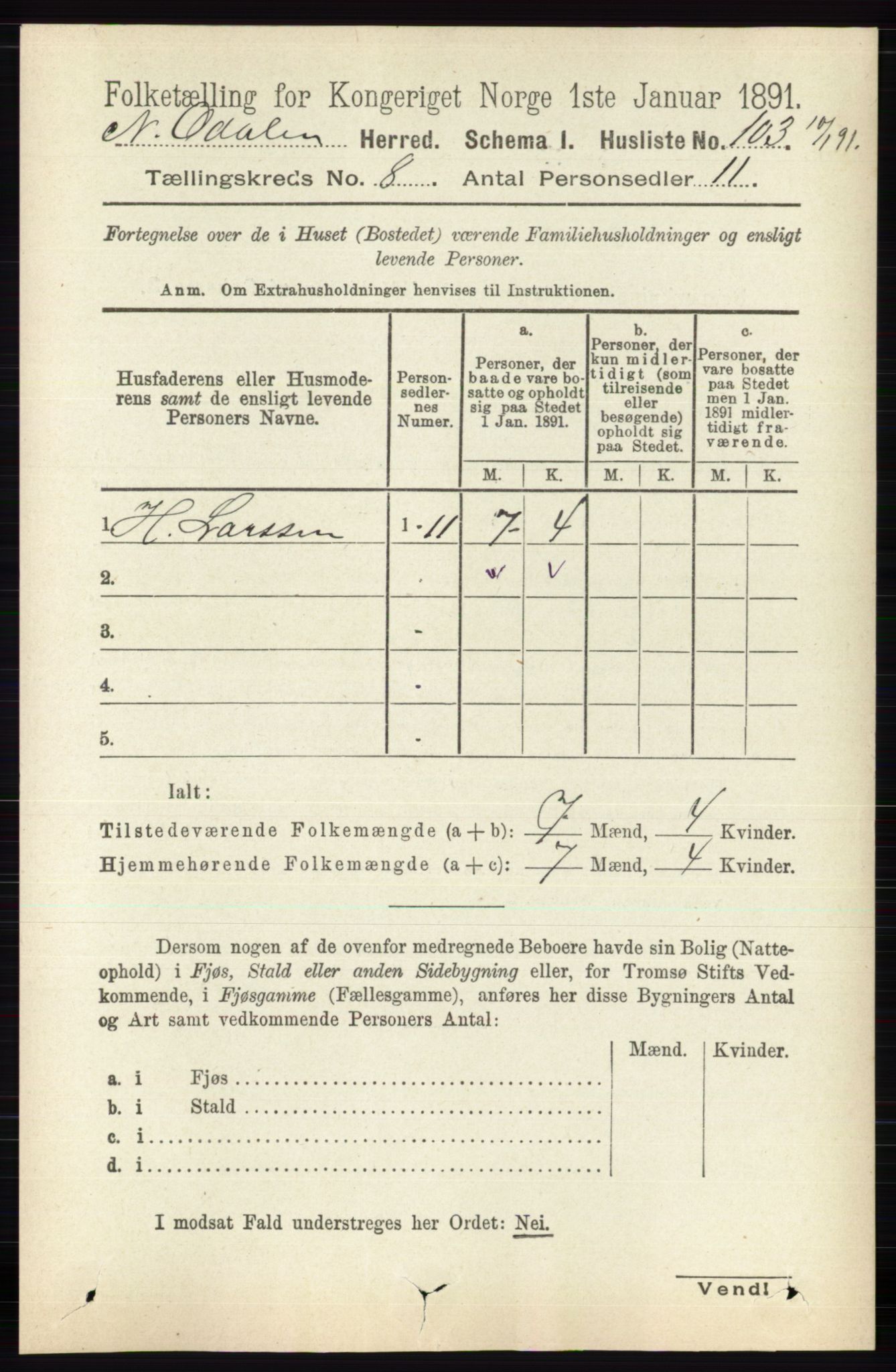 RA, Folketelling 1891 for 0418 Nord-Odal herred, 1891, s. 3288