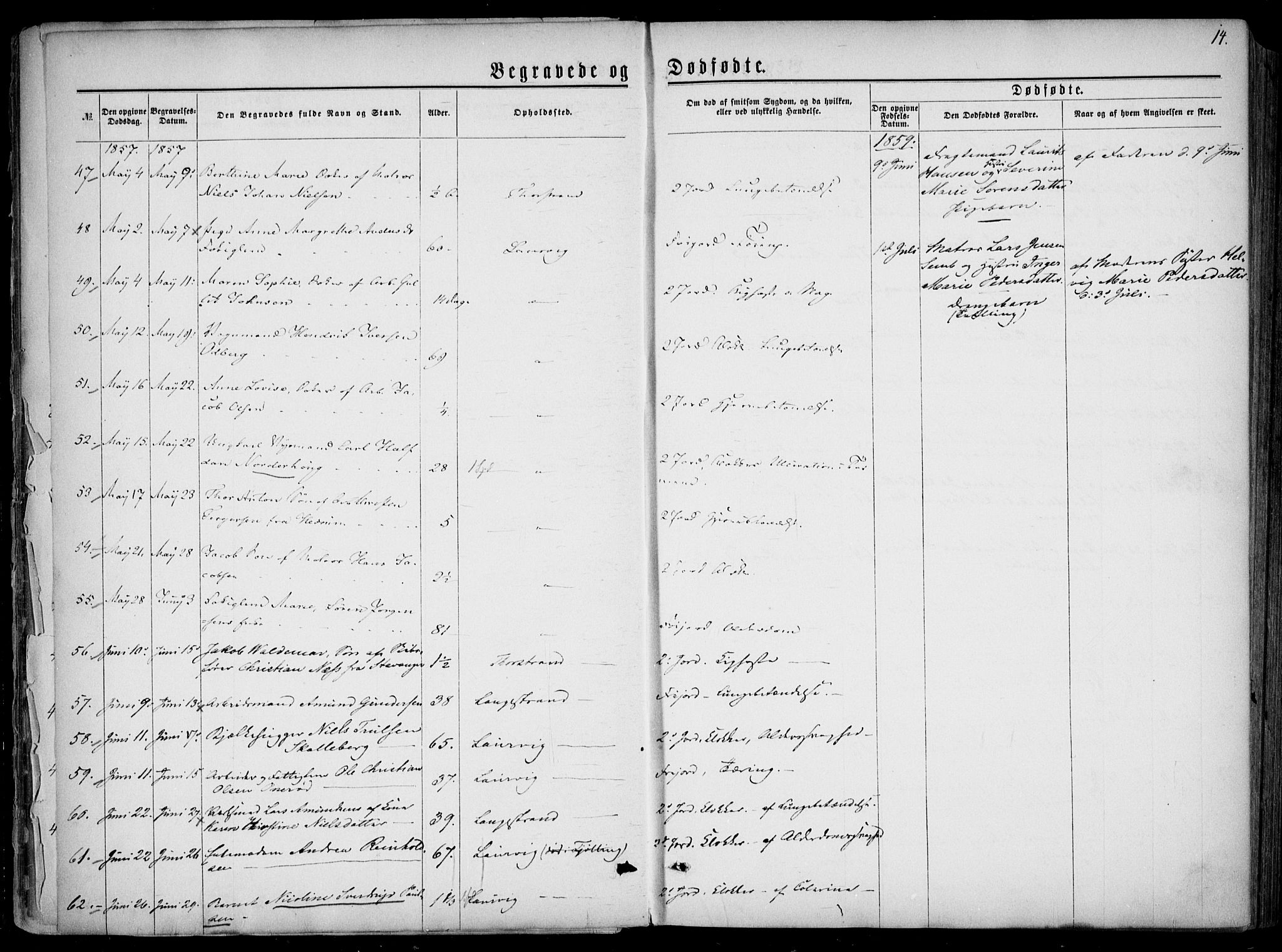 Larvik kirkebøker, AV/SAKO-A-352/F/Fa/L0005: Ministerialbok nr. I 5, 1856-1870, s. 14