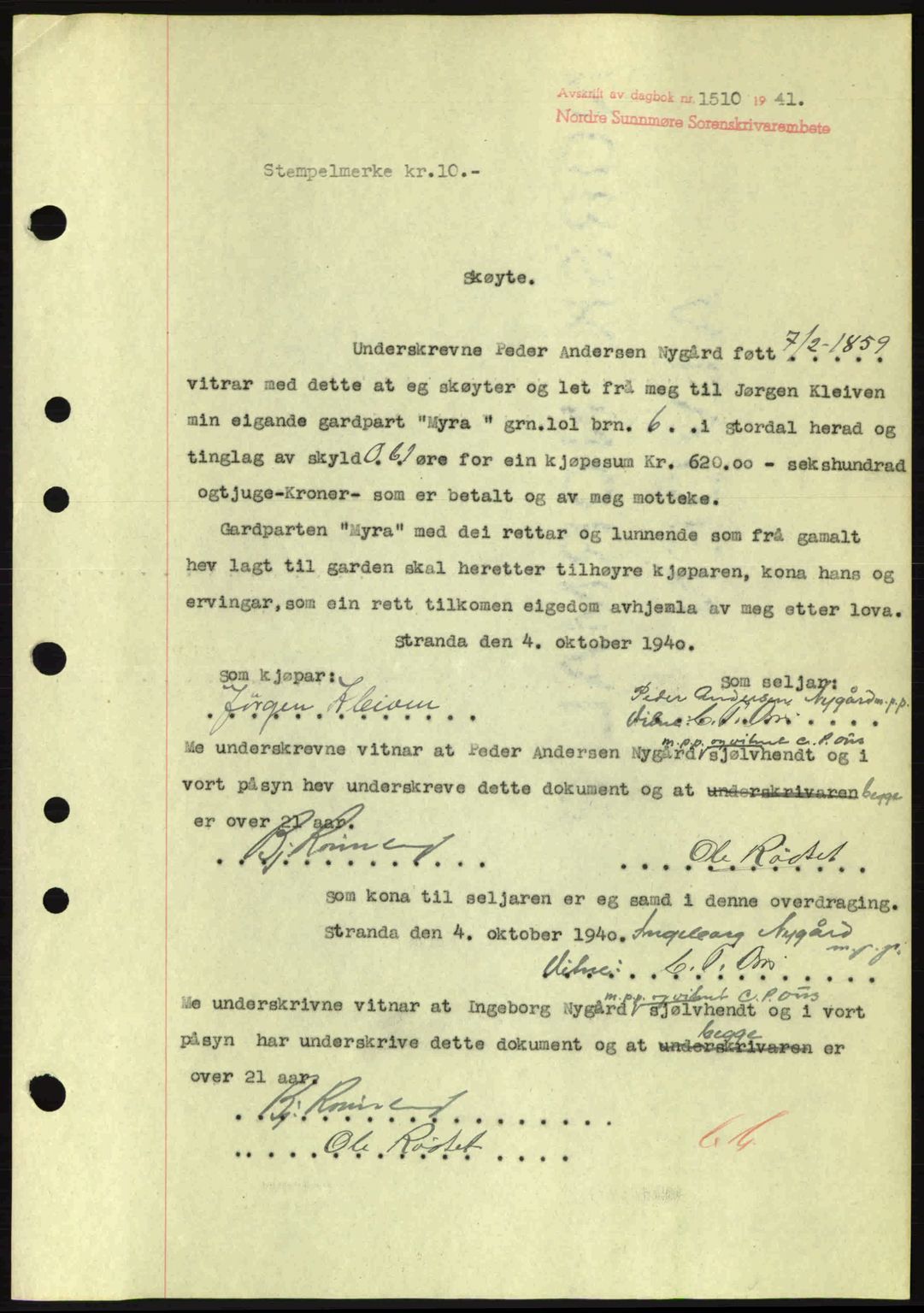 Nordre Sunnmøre sorenskriveri, SAT/A-0006/1/2/2C/2Ca: Pantebok nr. A11, 1941-1941, Dagboknr: 1510/1941