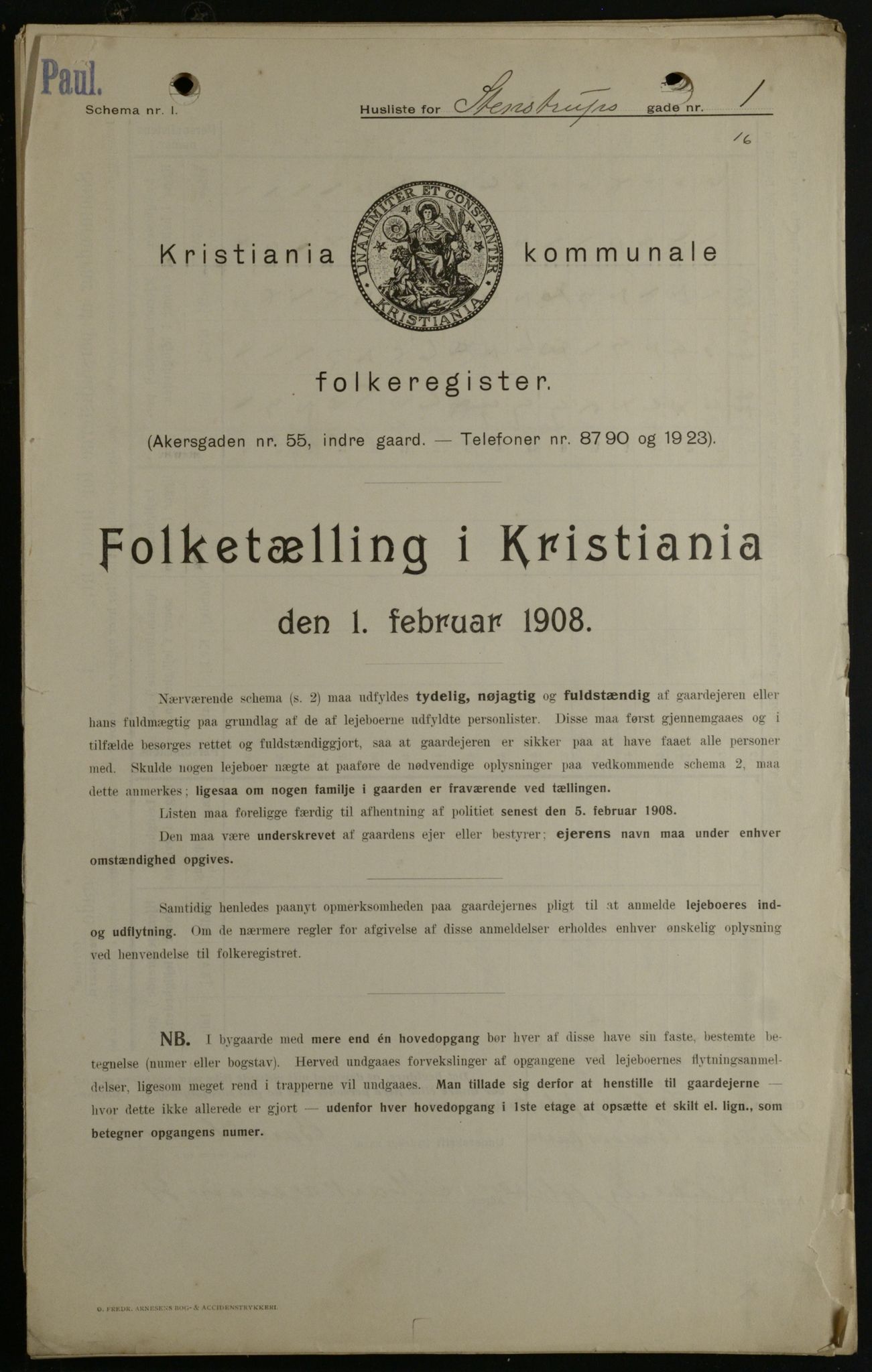 OBA, Kommunal folketelling 1.2.1908 for Kristiania kjøpstad, 1908, s. 90560