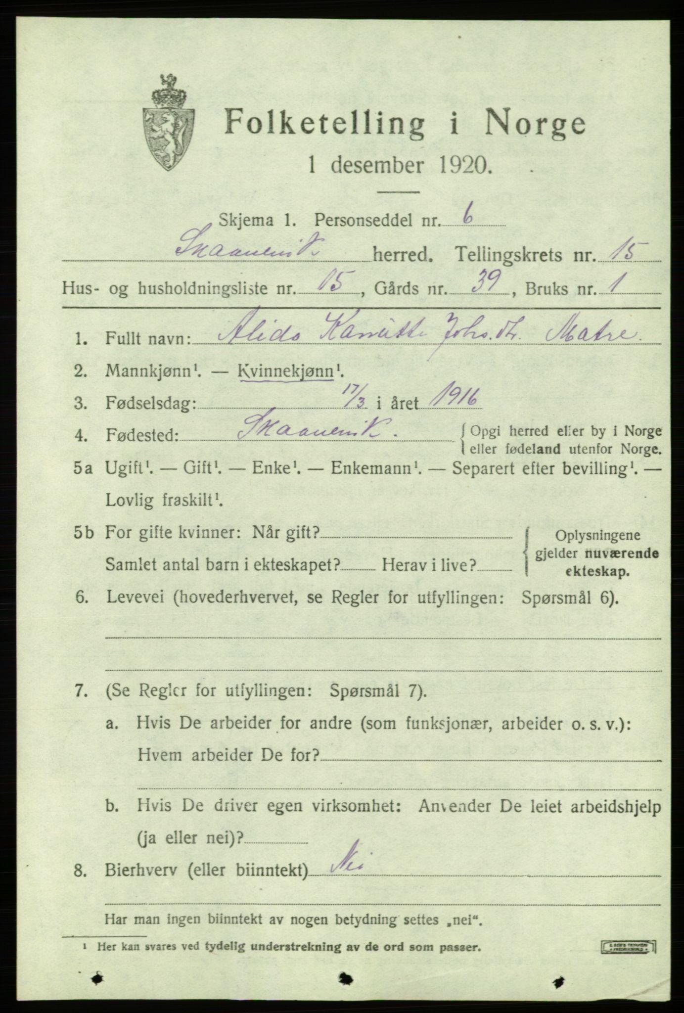SAB, Folketelling 1920 for 1212 Skånevik herred, 1920, s. 6325