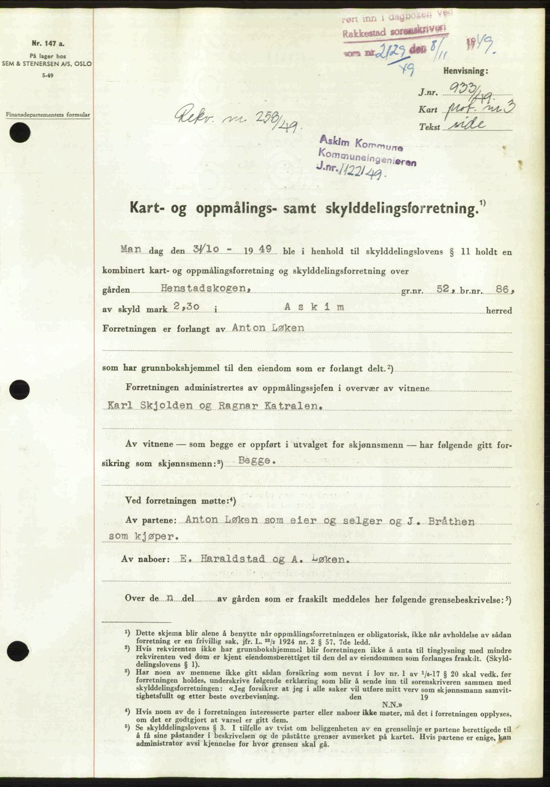 Rakkestad sorenskriveri, SAO/A-10686/G/Gb/Gba/Gbab/L0019: Pantebok nr. A19, 1949-1950, Dagboknr: 2129/1949